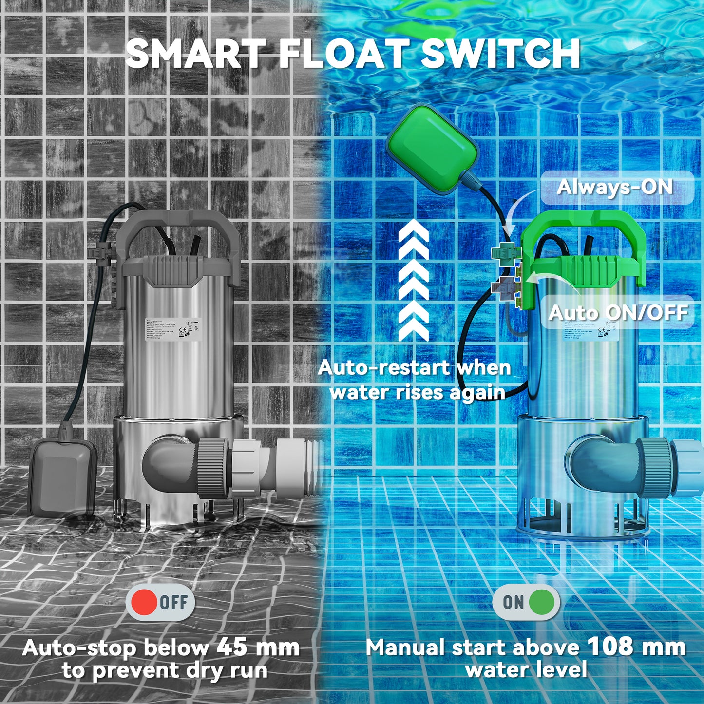 Outsunny 1100W Submersible Water Pump, 18500L/H Sump Pump with Float Switch, for Dirty/Clean Water, Portable and Lightweight, Green.