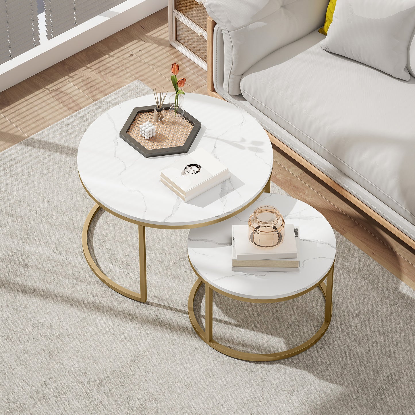 HOMCOM 2 Pcs Stacking Coffee Table Set Nesting Tables with Steel Frame for Living Room Marble White/Gold