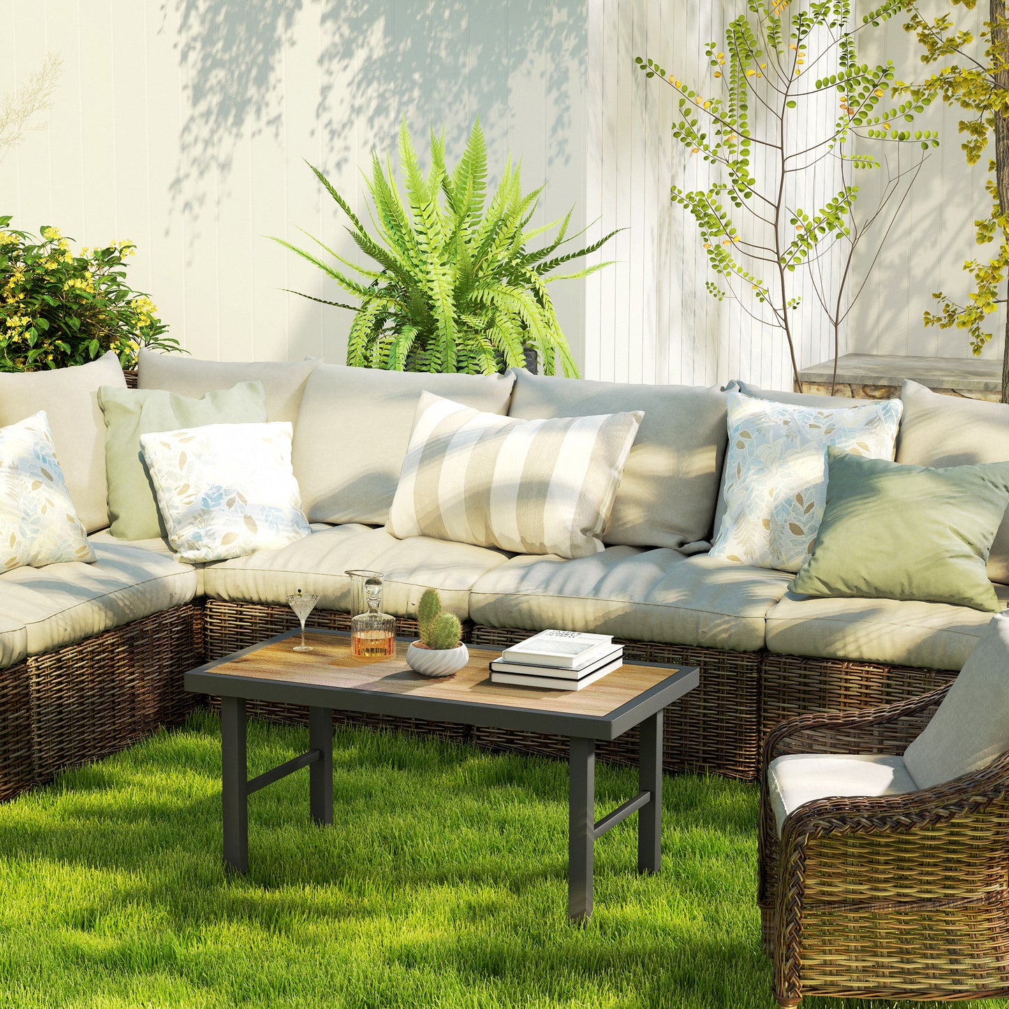 Outsunny Metal Garden Coffee Table, Outdoor Side Table with SPC Woodgrain Tabletop, 100 x 53 x 46cm, Brown Wood Effect