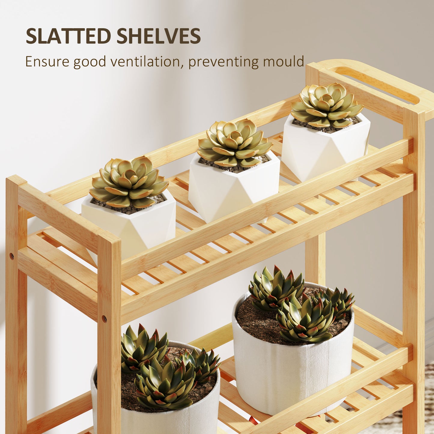 HOMCOM 3-Tier Bamboo Storage Trolley on Wheels with Handle for Kitchen, Office, Bathroom