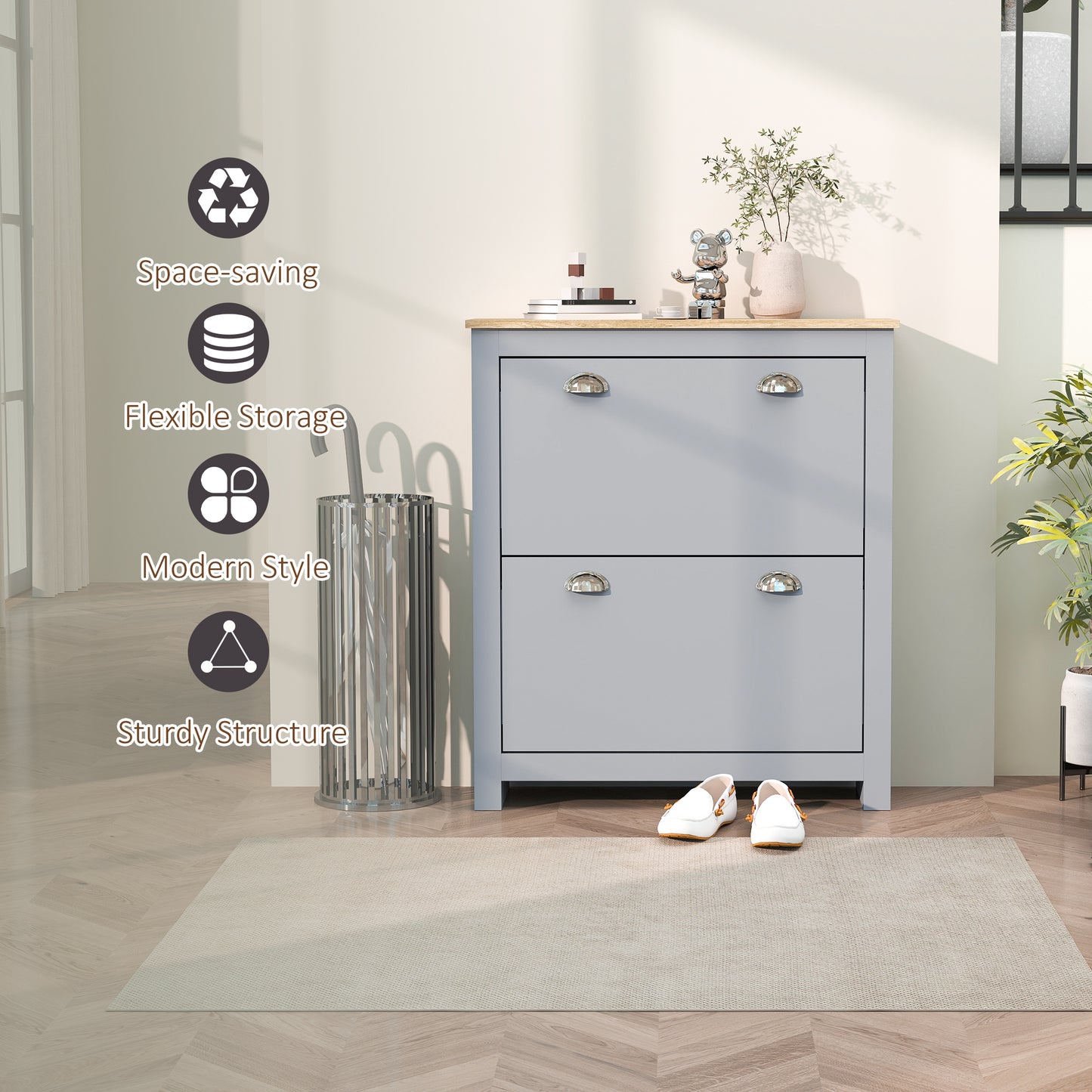 HOMCOM 2 Drawer Modern Shoe Cabinet, Hallway Wooden Storage Organizer with Flip Doors, Adjustable Shelf for 12 Pairs, Grey