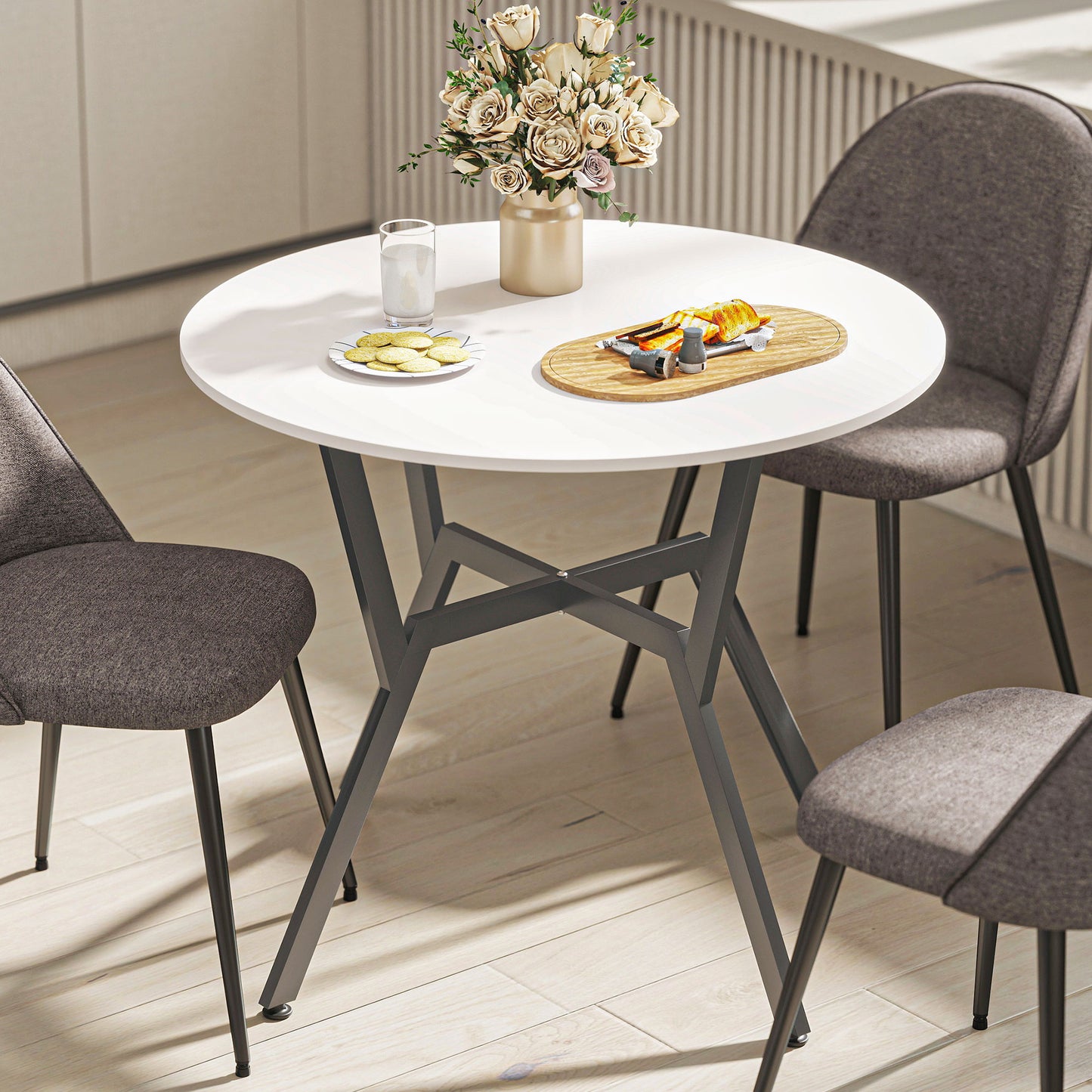 HOMCOM Dining Table, Round Kitchen Table with Black Legs for Living Room, Dining Room 90 x 76 cm, High Gloss White