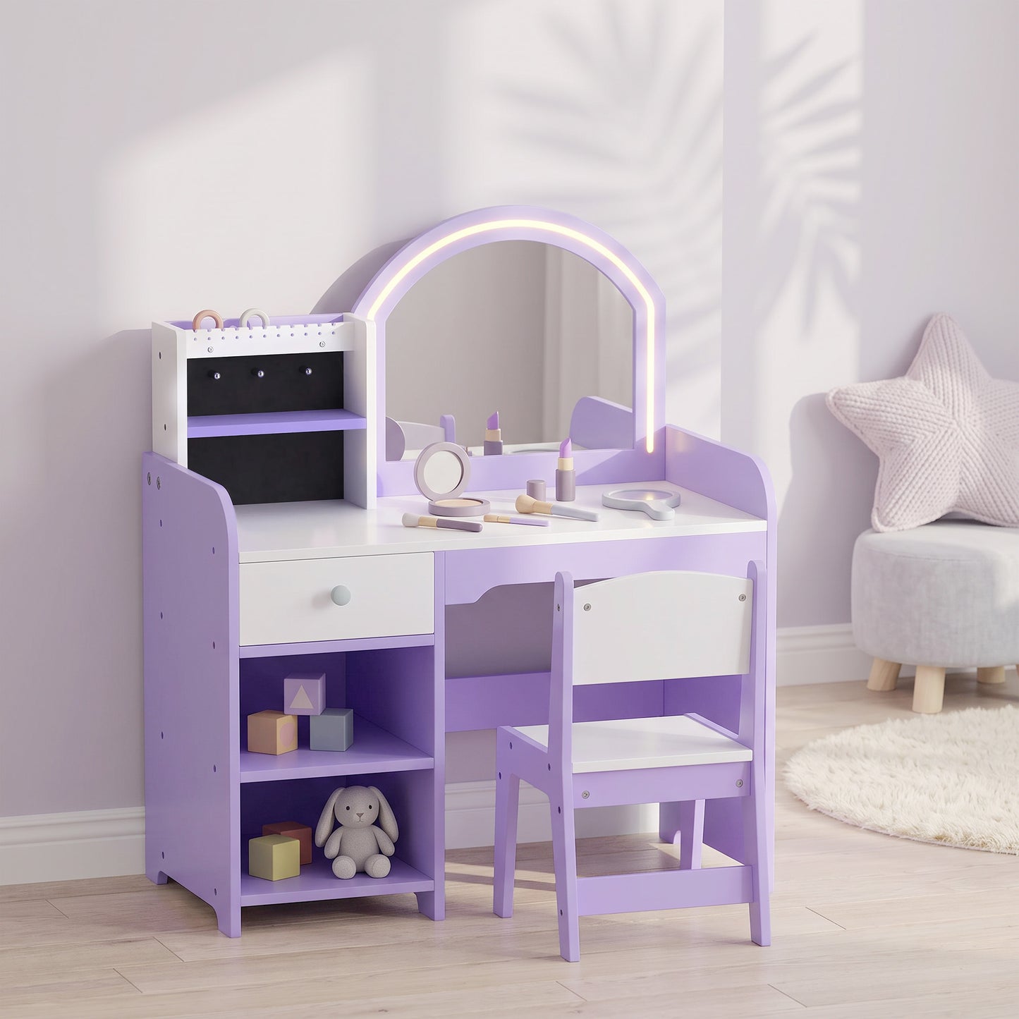 AIYAPLAY Kids Vanity Set, Kids Dressing Table with Stool, 2-Colour Lights Mirror, Pretend Dresser Gift for Ages 3-8, Purple