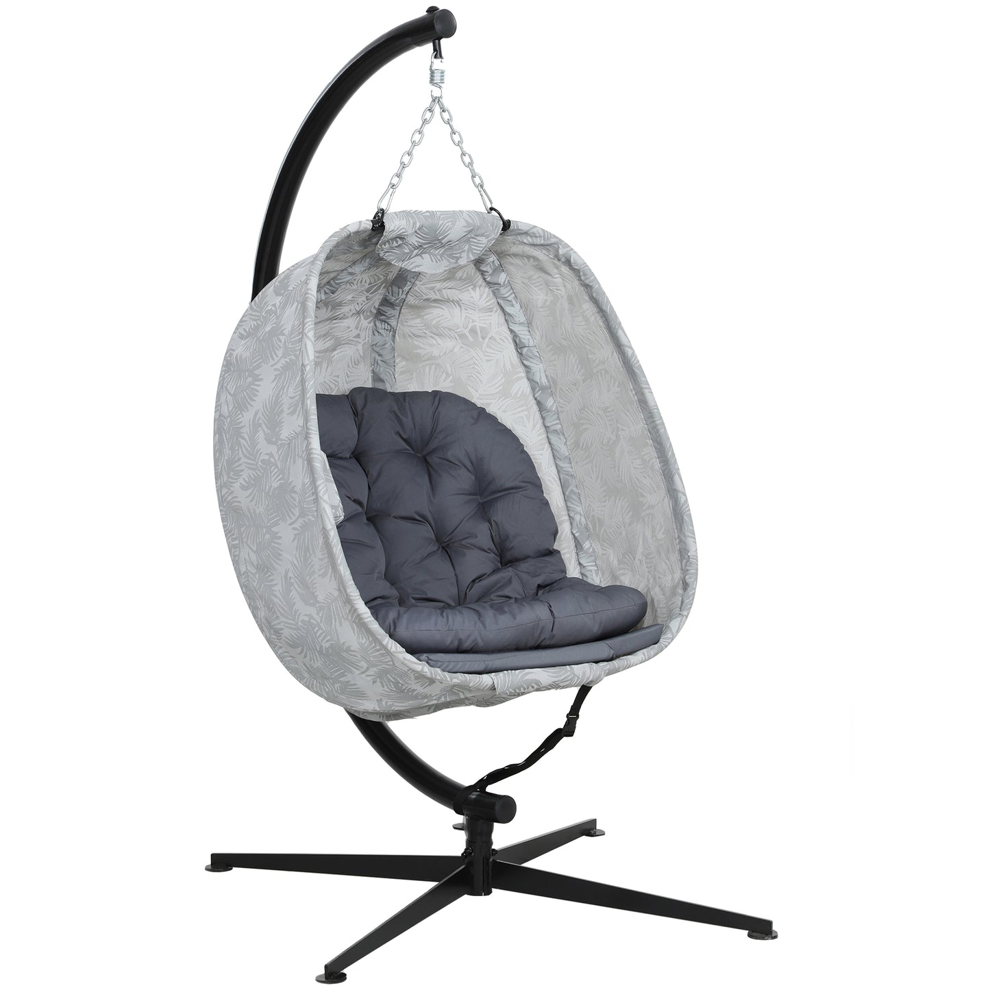 Outsunny Hanging Egg Chair: Outdoor/Indoor, Folding Basket, Stand, Thick Cushion, Cup Holder, Grey