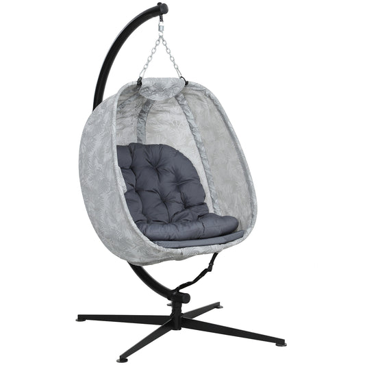 Outsunny Hanging Egg Chair: Outdoor/Indoor, Folding Basket, Stand, Thick Cushion, Cup Holder, Grey