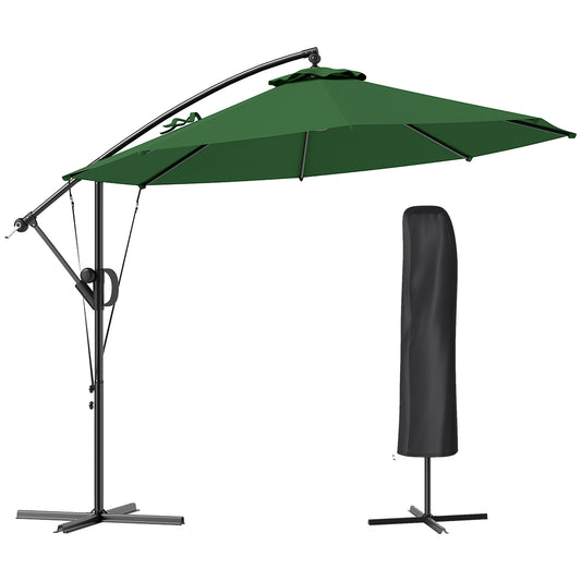 Outsunny Garden Cantilever Parasol with Cover & Wind Strap, Round Umbrella with Crank & Tilt, UPF50+ Patio Sun Shade, Green