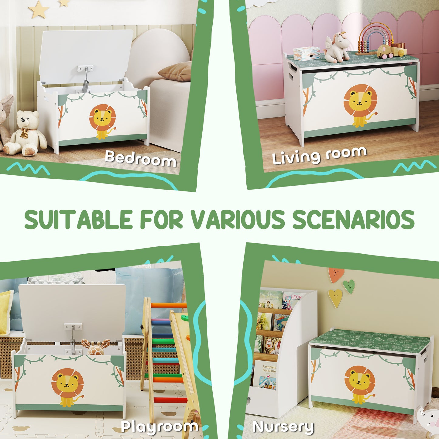 AIYAPLAY Toy Box with Lid, Safety Hinges and Groove Handles, Toy Storage organiser for Kids, Living Room, Playroom, Green