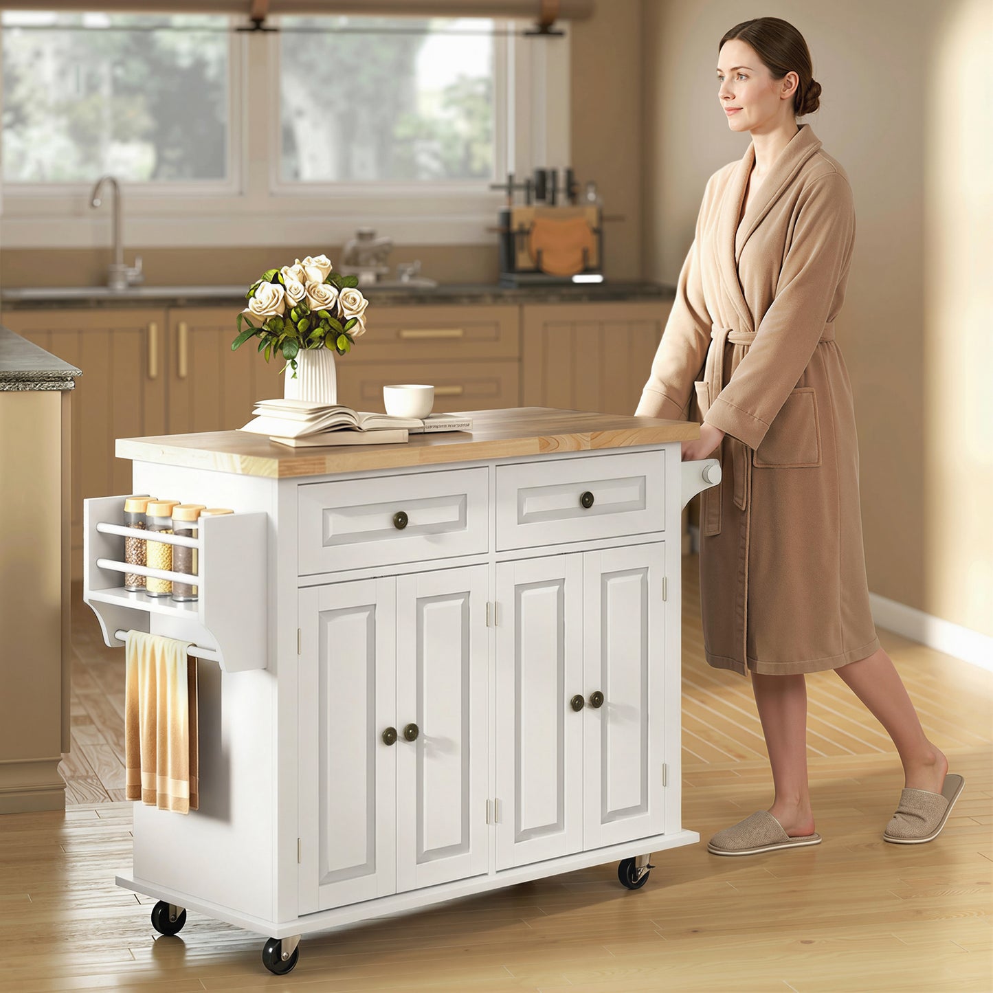 HOMCOM Kitchen Island on Wheels, Rolling Kitchen Storage Trolley with Rubber Wood Top, Drawers, Adjustable Shelves, Cream White
