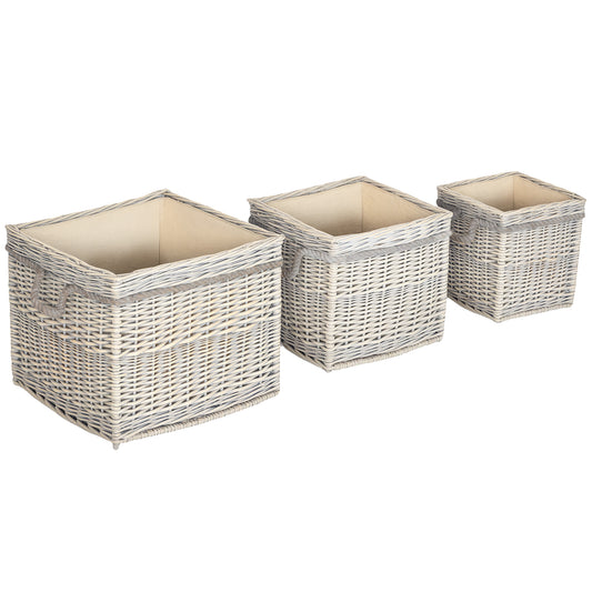 Outsunny Set of 3 Log Baskets for Wood Burner Indoor, Round torage Basket with Lining and Rope Handles for Fireside Storage, Blankets, Beige