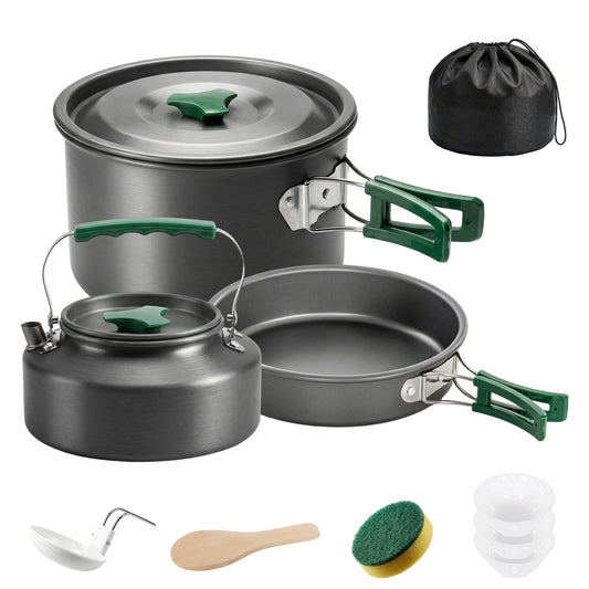 Outsunny Camping Cookware Set for 2-3 People, Ultralight Aluminium Camping Cooking Kit with Anti-Scald Handles, Grey