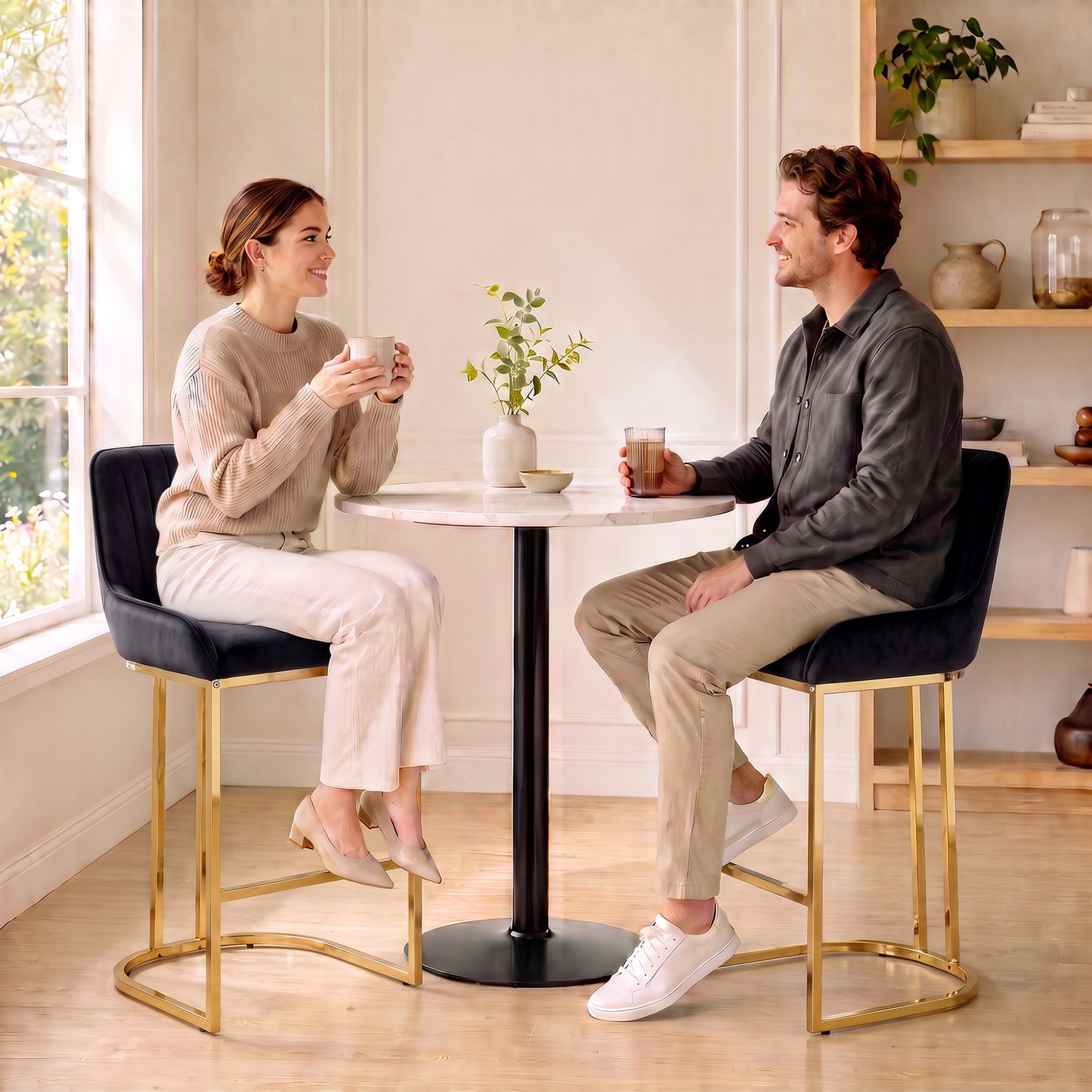 HOMCOM Bar Stools Set of 2 with Backrest, Footrest, Gold Electroplated Legs for Kitchen Island, Dining Room, Black