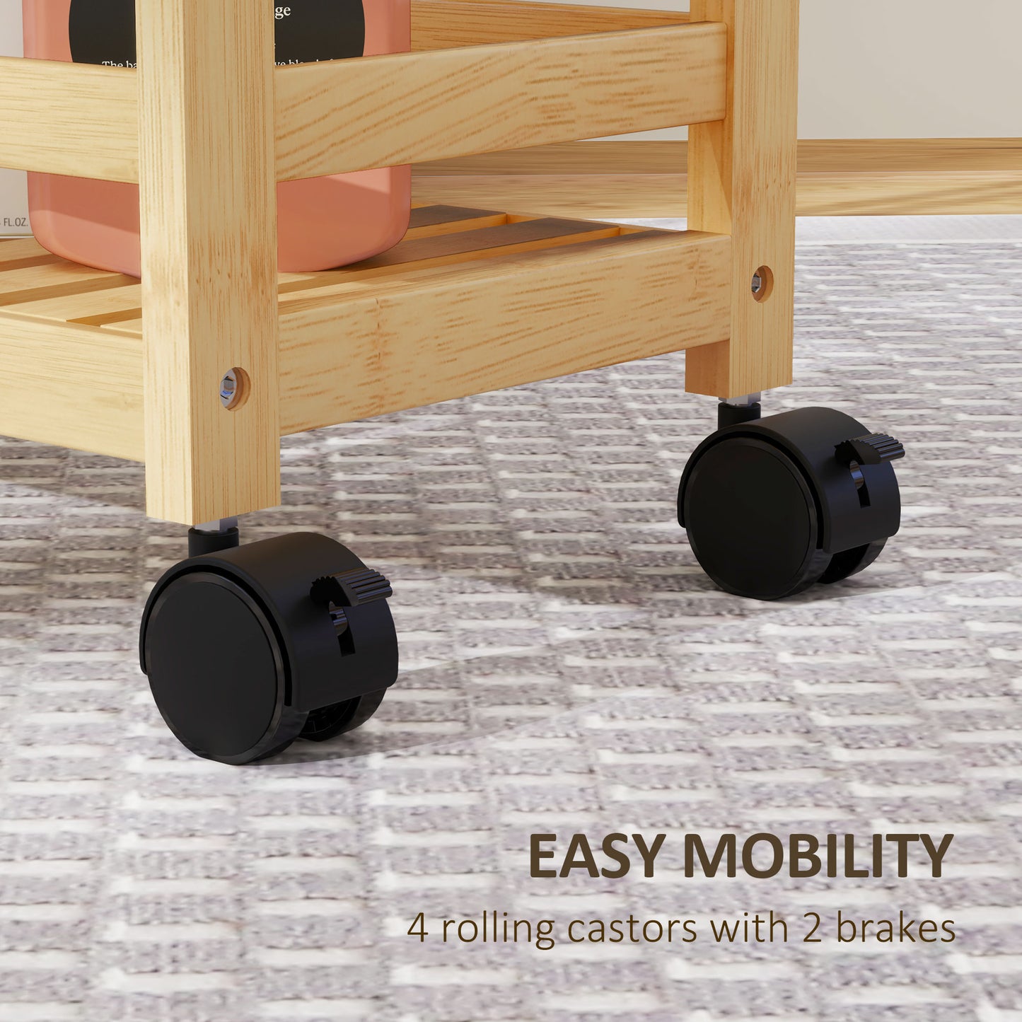 HOMCOM 3-Tier Bamboo Storage Trolley on Wheels with Handle for Kitchen, Office, Bathroom