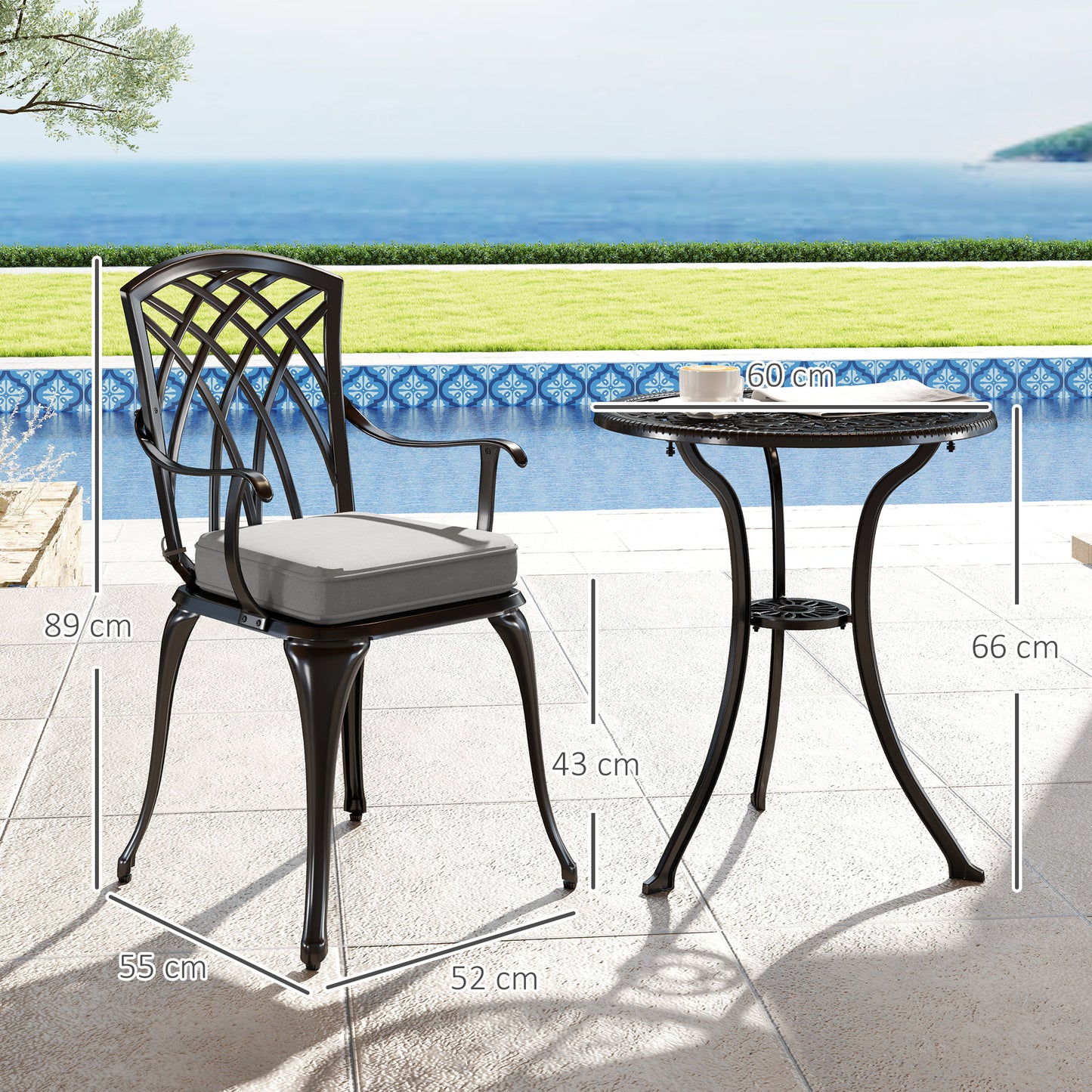 Outsunny 3 Piece Cast Aluminium Bistro Set, Rust Resistant with Parasol Hole & Cushions, Black