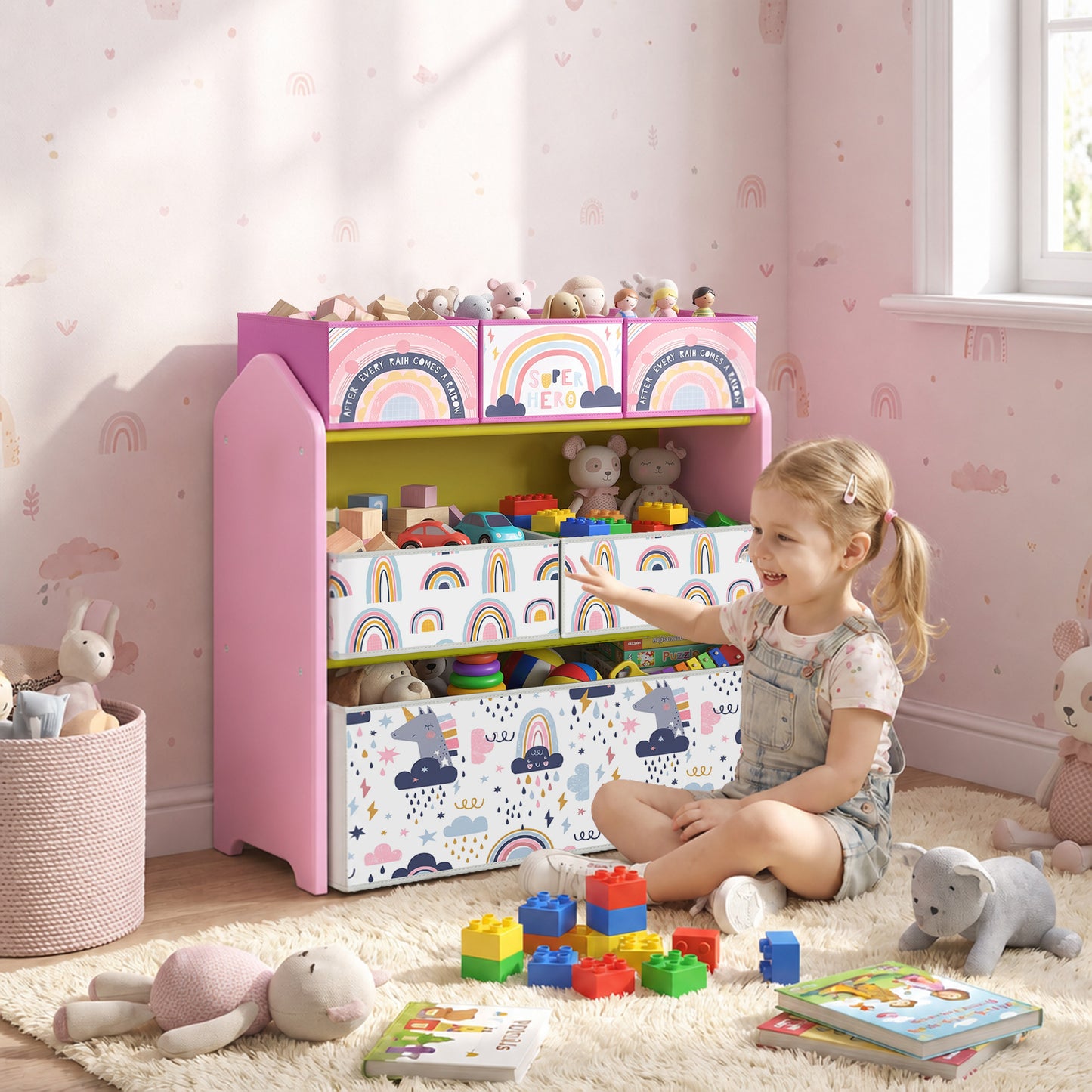AIYAPLAY Toy Storage Organiser, 3-Tier Wooden Kids Toy Storage Rack with 6 Fabric Storage Bins for Bedroom, Kids Room, Pink