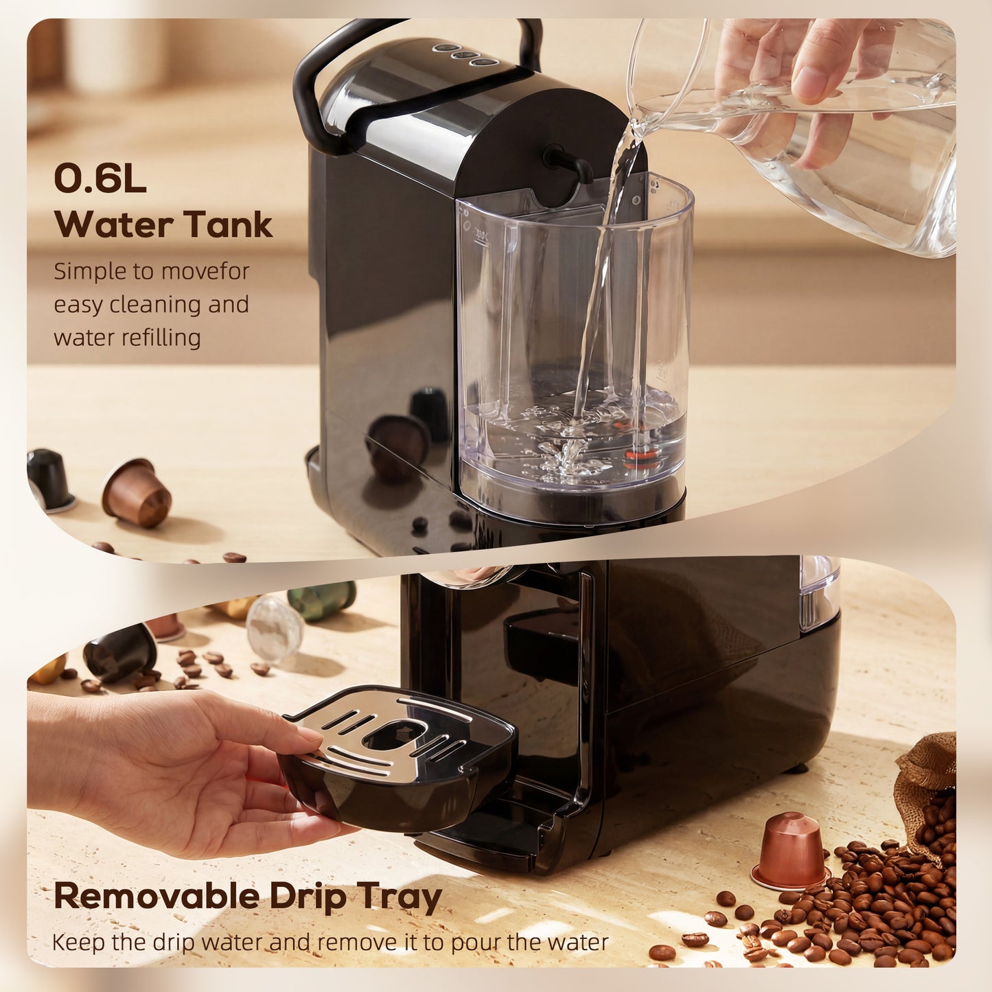 HOMCOM Pod Coffee Machine for Nespresso, Dolce Gusto Capsule & Ground Coffee, Small Semi Automatic Coffee Maker 0.6L