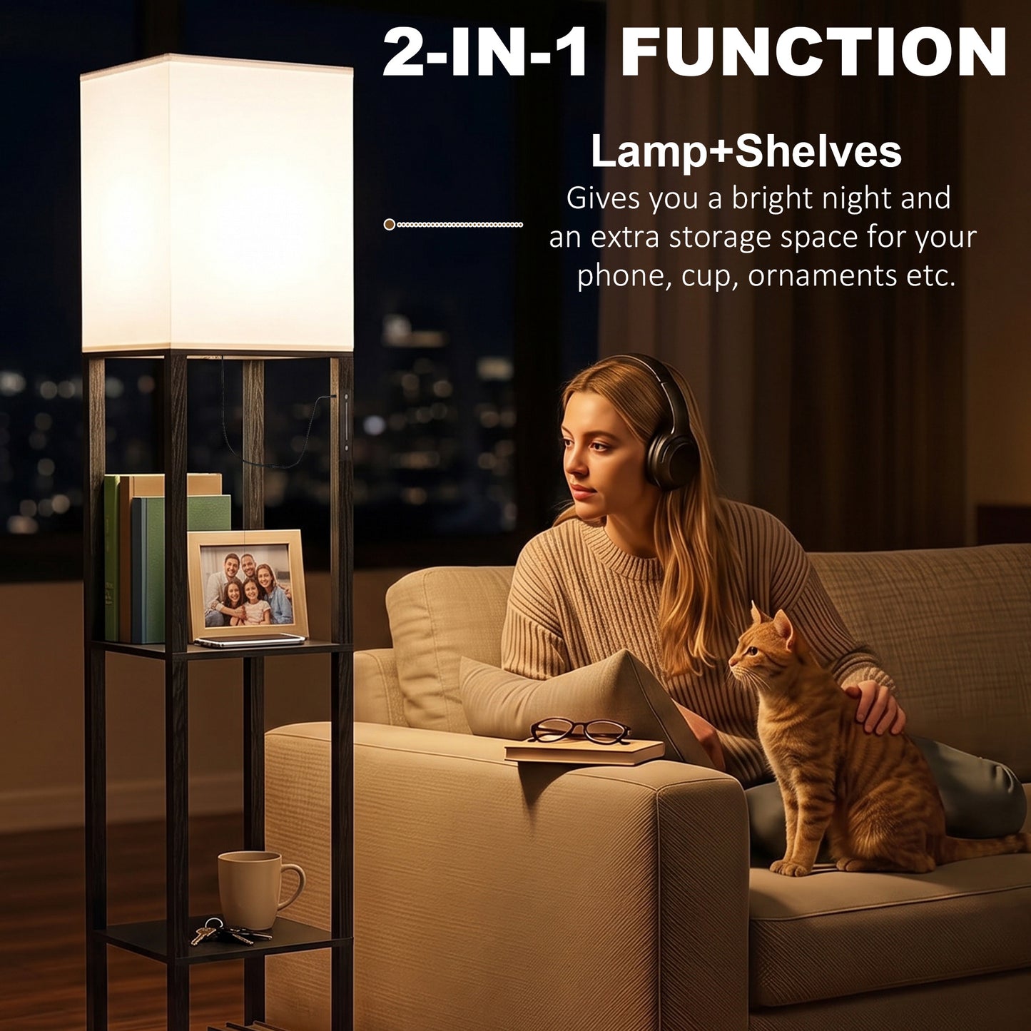 HOMCOM Floor Lamp with Shelves, Modern Dimmable Standing Lamp with Fabric Lampshade, Adjustable Colour Temperature, Black