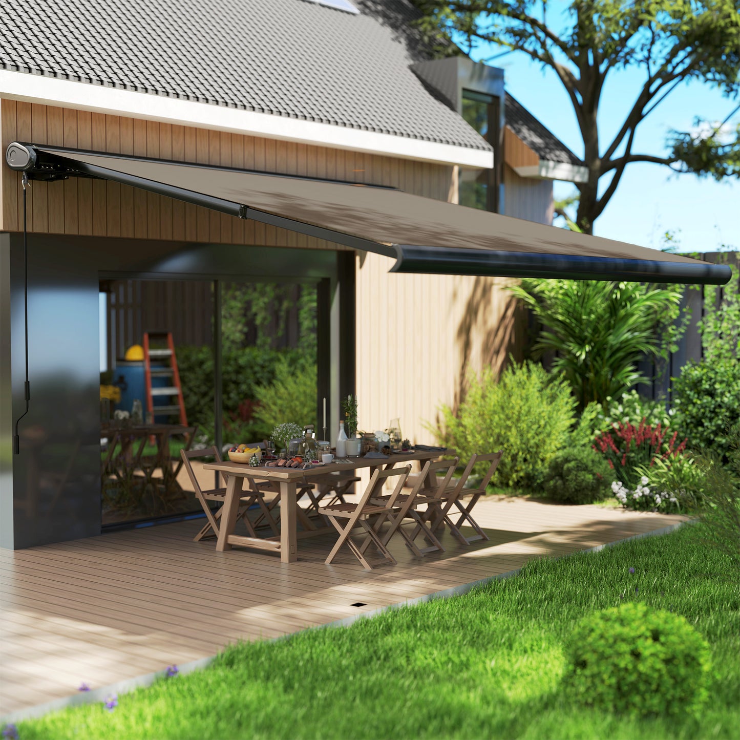 Outsunny Electric Awning, 3.5 x 3 m, Aluminum Frame, Remote Controlled, UV50+ Sun Shade Canopy for Patio, Garden, Door, Window, Light Grey