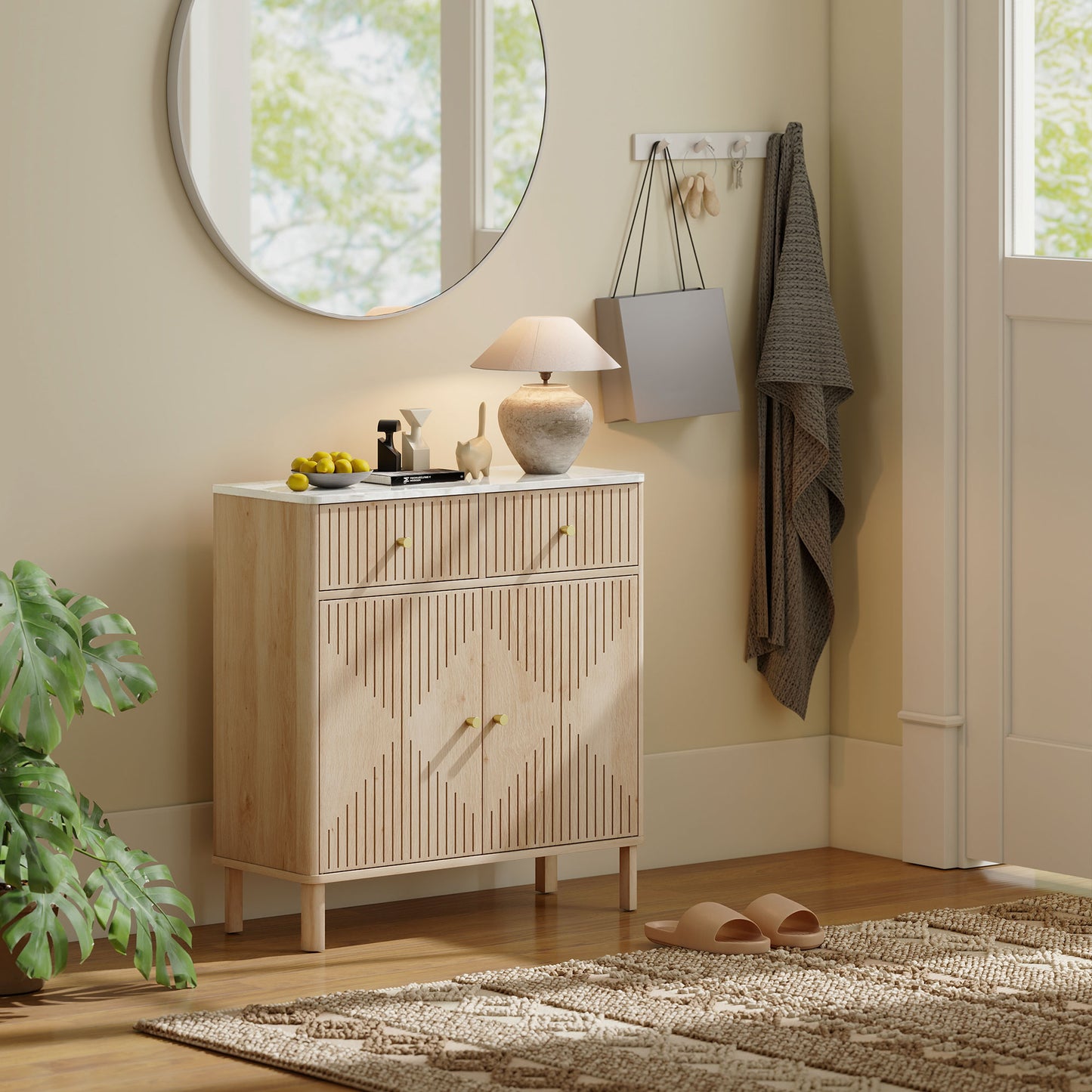 HOMCOM Sideboard Storage Cabinet, Fluted Kitchen Cupboard with Marble-Effect Top, 2 Drawers, 2 Doors and Adjustable Shelf, Oak