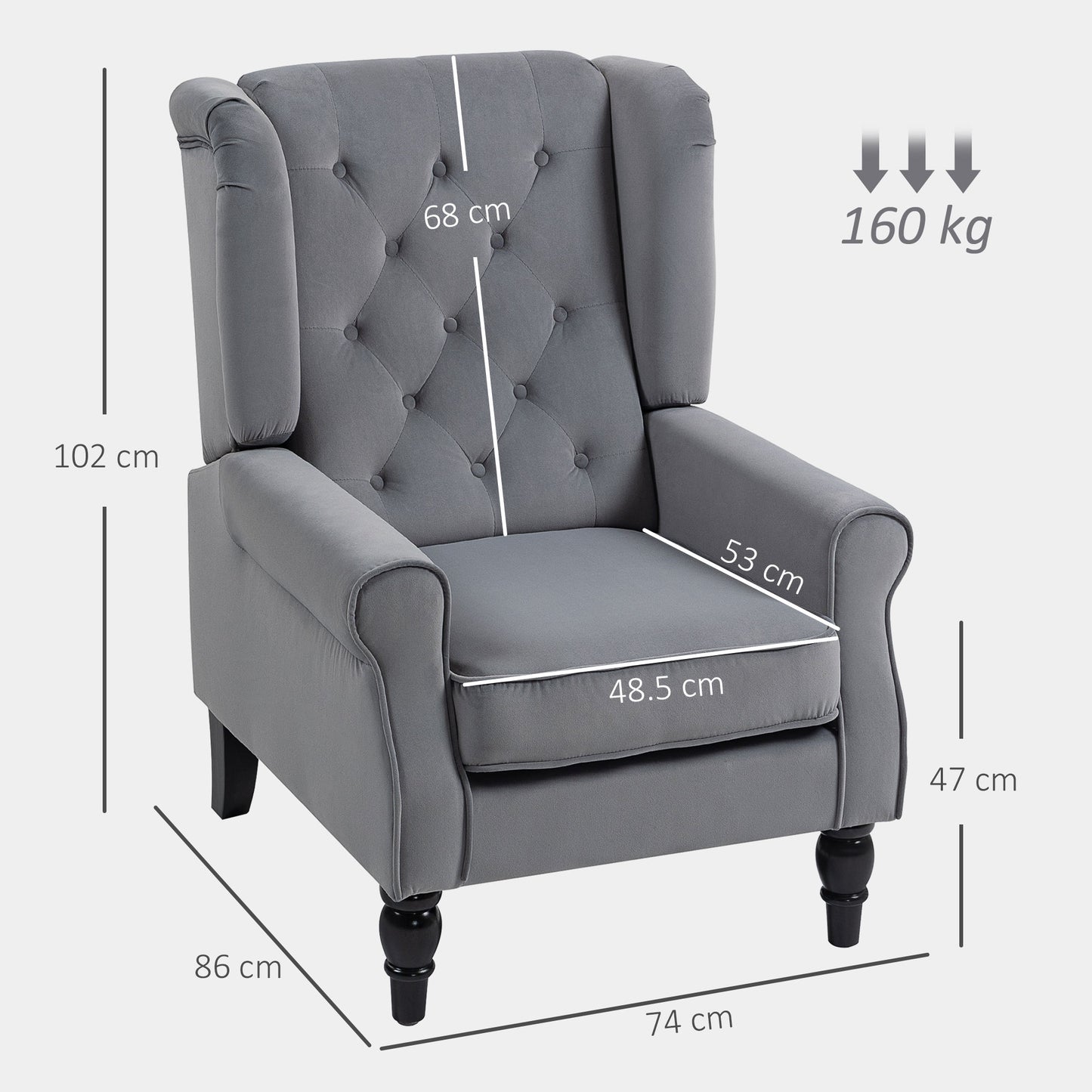 HOMCOM Wingback Accent Chair, Retro Upholstered Button Tufted Occasional Chair for Living Room and Bedroom, Light Grey