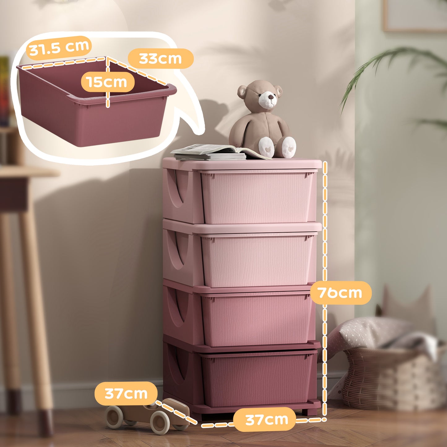 HOMCOM Four-Tier Kids Storage Boxes, with Four Drawers - Pink