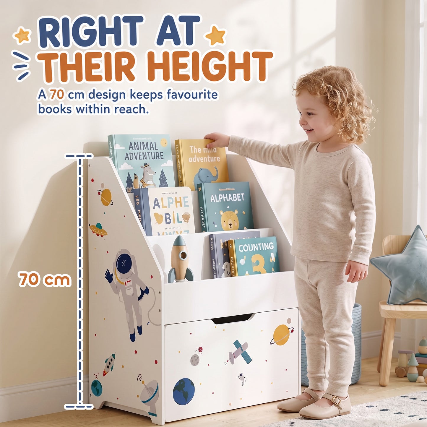 AIYAPLAY Kids Bookshelf, Montessori Inspired Childrens Bookcase with Moveable Drawer, 3-Tier Bookshelf for 3-8 Years, White