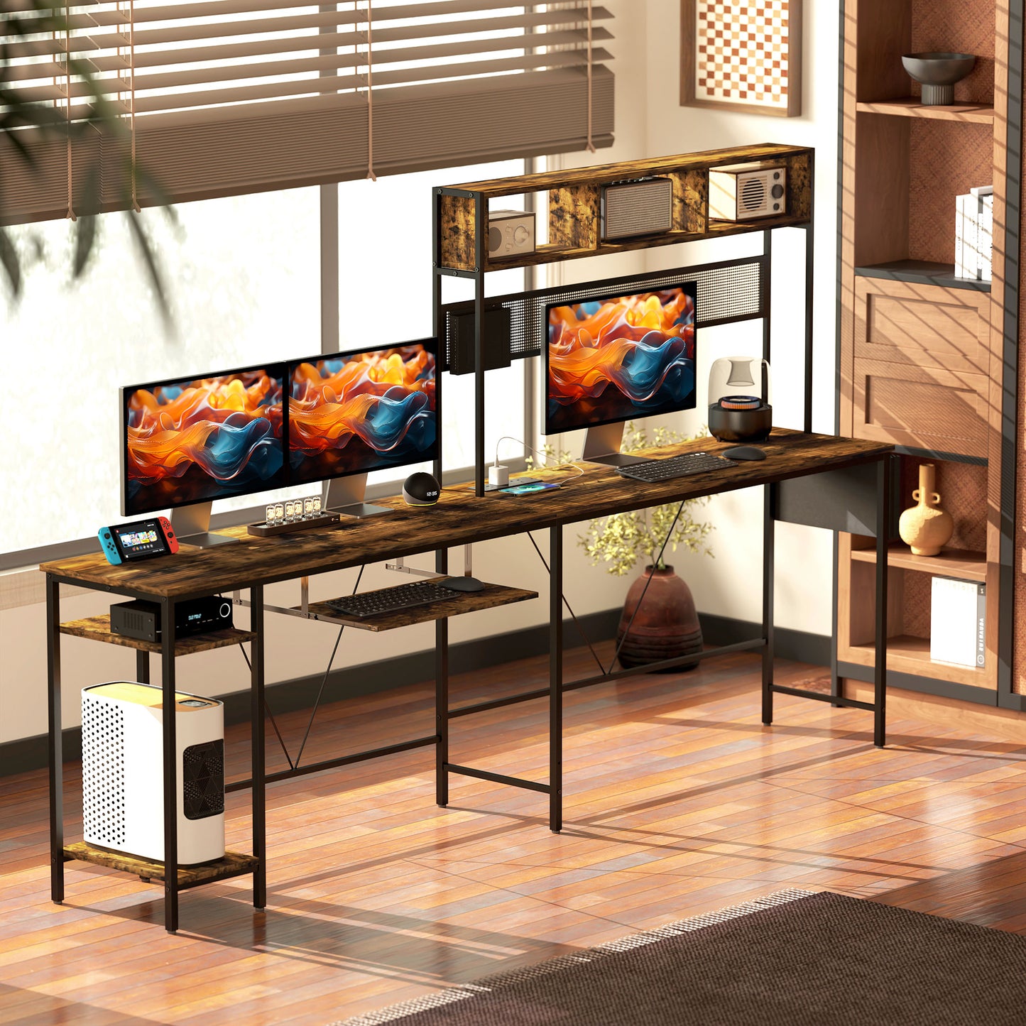 HOMCOM 160cm Reversible L Shaped Desk with Outlet, Corner Desk w/ Storage & Tray, 240cm, Rustic Brown