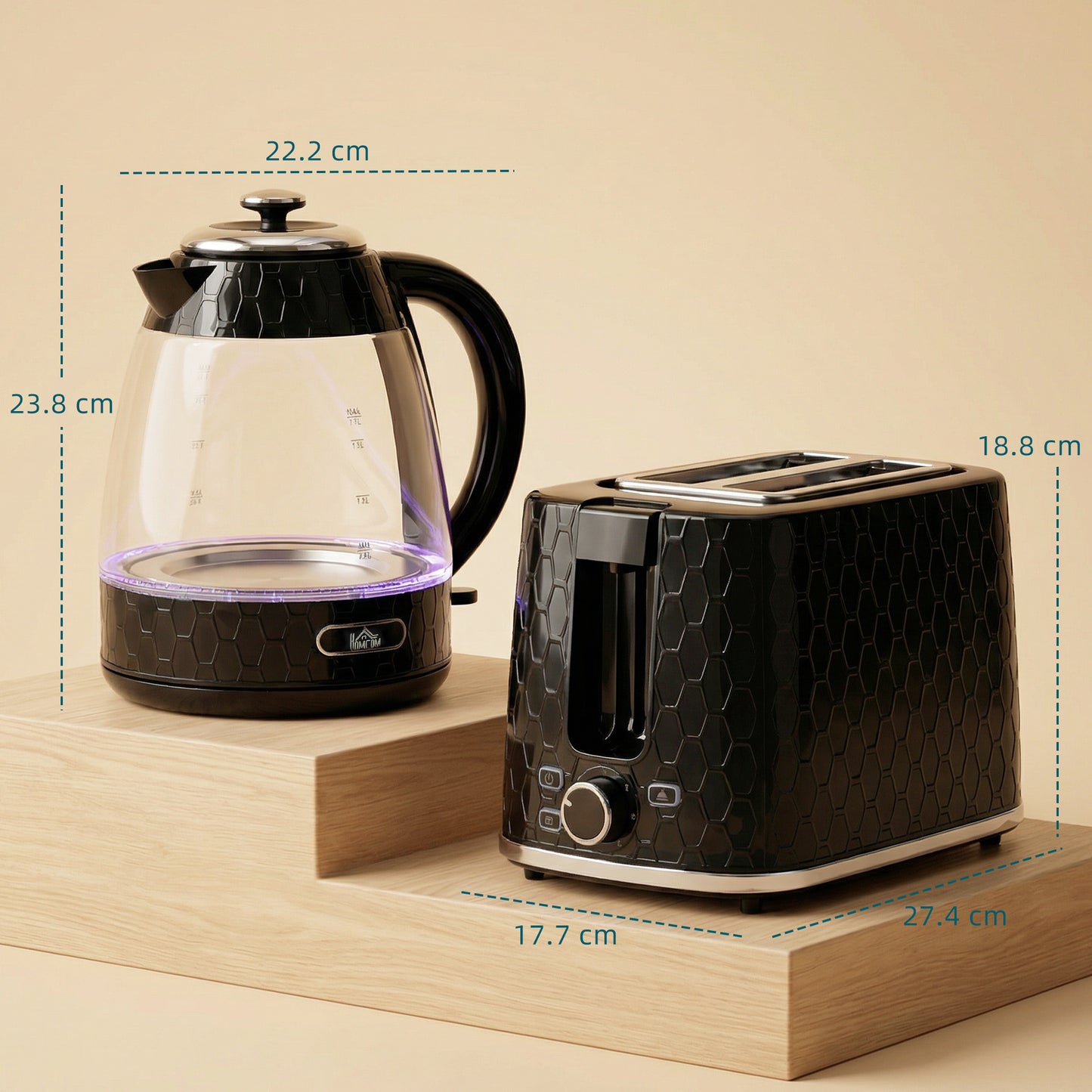 HOMCOM Kettle and Toaster Set, 1.7L 3000W Rapid Kettle with Limescale Filter, 2 Slice Toaster with 7 Browning Controls, Black