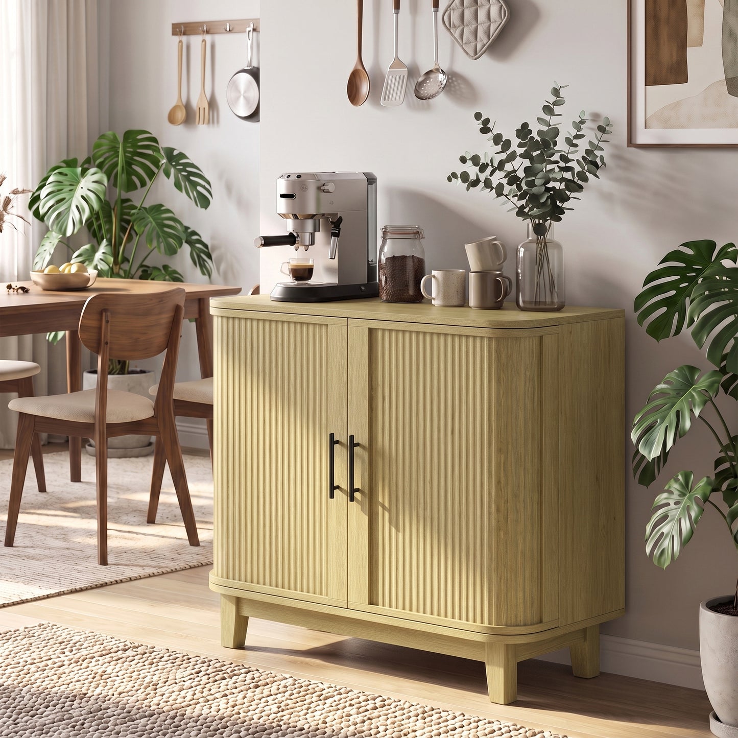HOMCOM 80cm Sideboard Buffet Cabinet, Storage Cabinet with 2 Curved Doors, Adjustable Shelf and Legs for Dining Room, Oak
