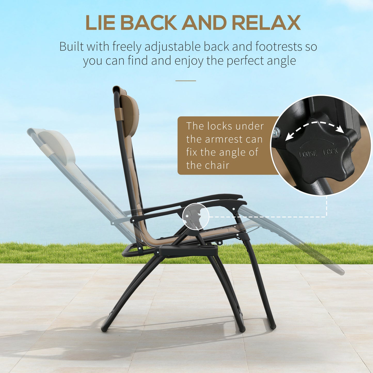 Outsunny Foldable Reclining Garden Chair Set of 2, Zero Gravity, Padded Seat, Cup Holder, Pillow, Coffee