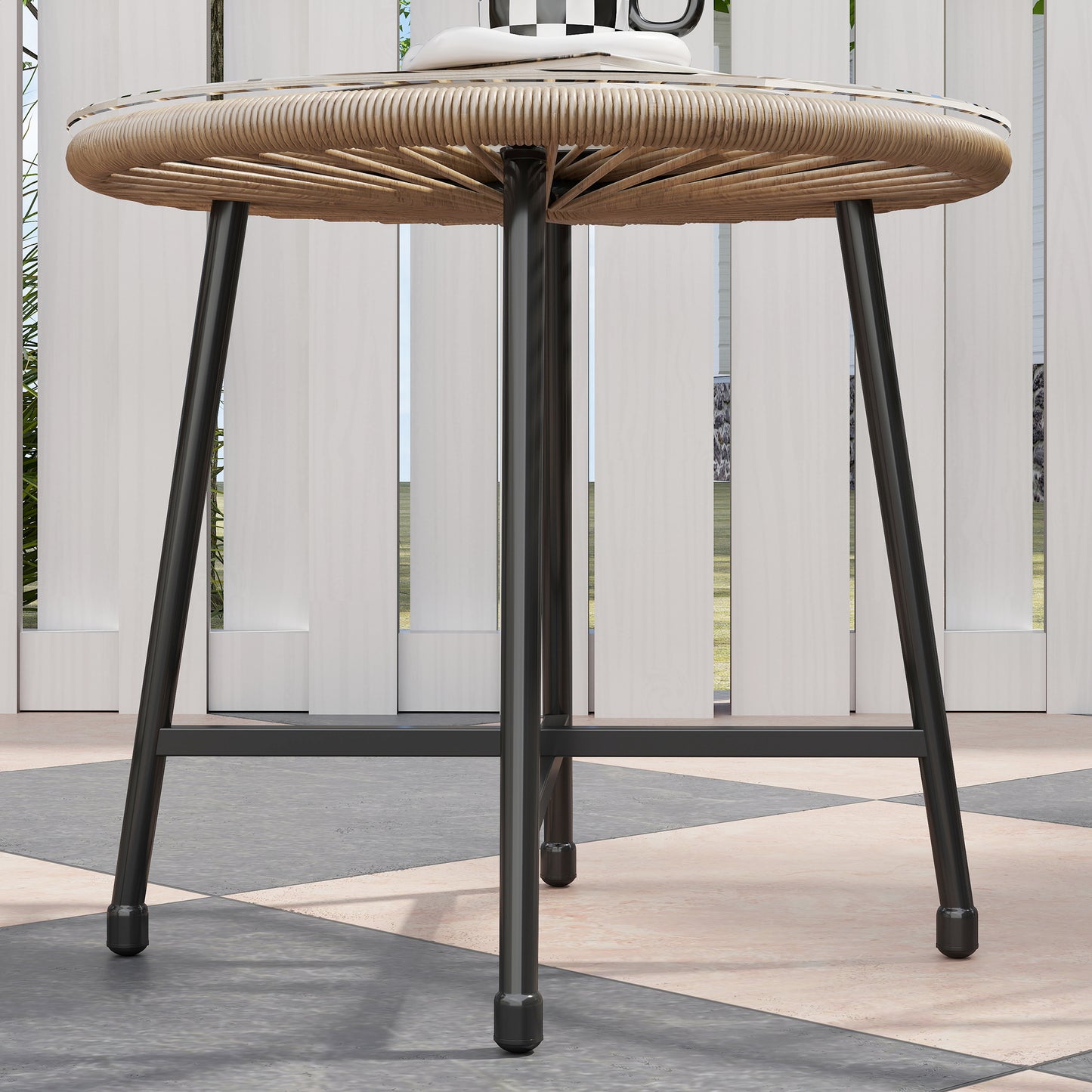 Outsunny 3-Piece Rattan Bistro Set, Reinforced Metal Frame, Acapulco Chairs & Glass Table for Patio, Balcony, Outdoor Garden Furniture, Natural