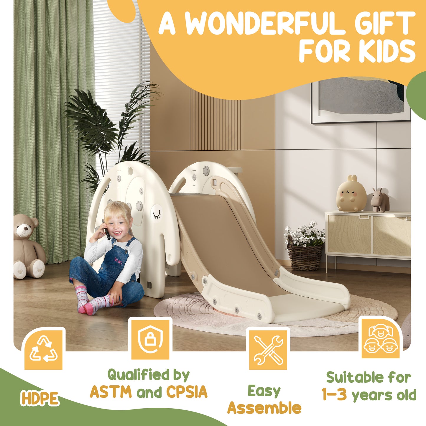 AIYAPLAY 3 in 1 Toddler Slide with Basketball Hoop, Climber, Elephant-Themed, for 1-3 Years - Cream White