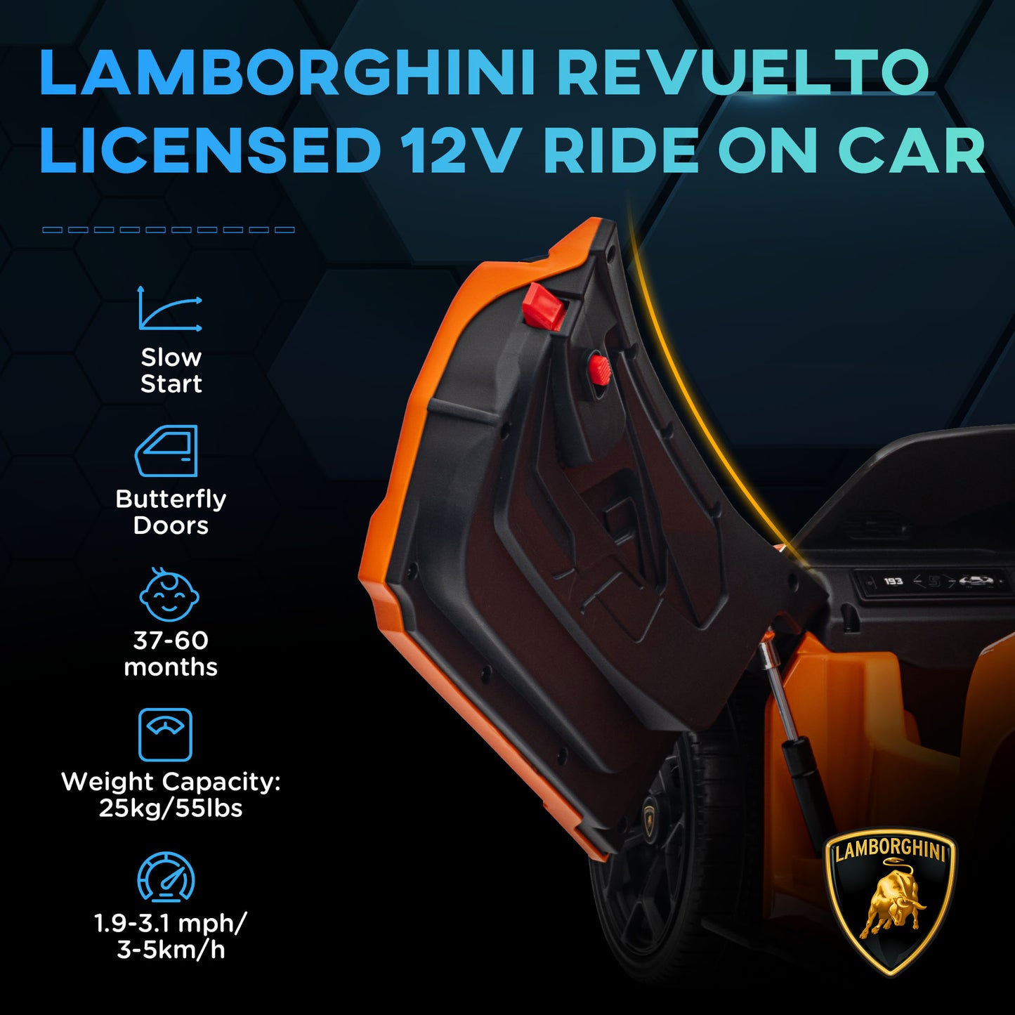 AIYAPLAY Lamborghini Revuelto Licensed 12V Ride on Car w/ Butterfly Doors Training Wheels, Suspension, Remote Control Orange