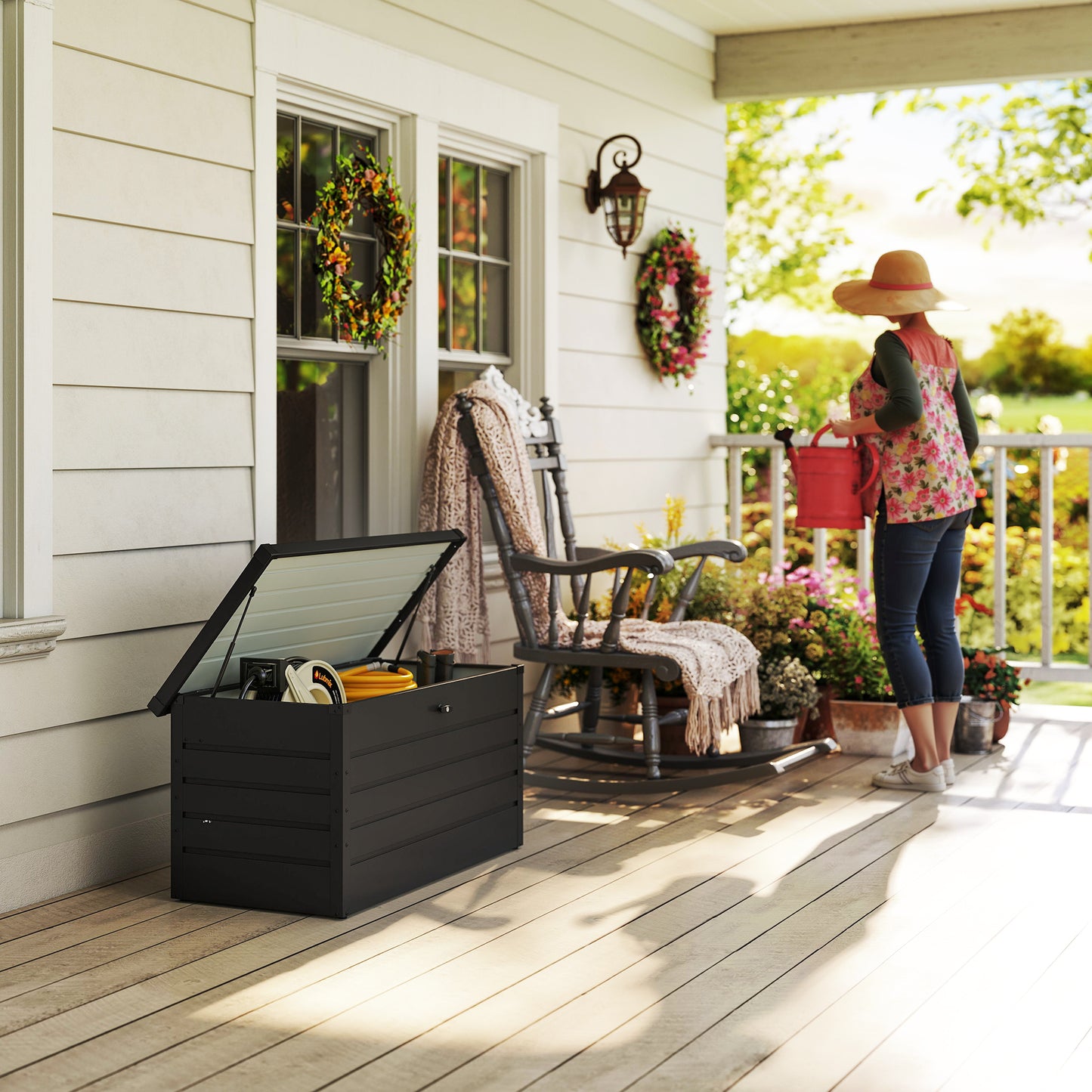 Outsunny 311L Garden Storage Box, Outdoor Storage Box Waterproof with Lockable Lid, Galvanised Steel Garden Bench for Tools
