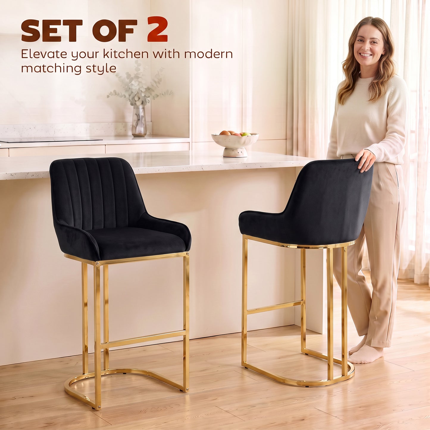 HOMCOM Bar Stools Set of 2 with Backrest, Footrest, Gold Electroplated Legs for Kitchen Island, Dining Room, Black