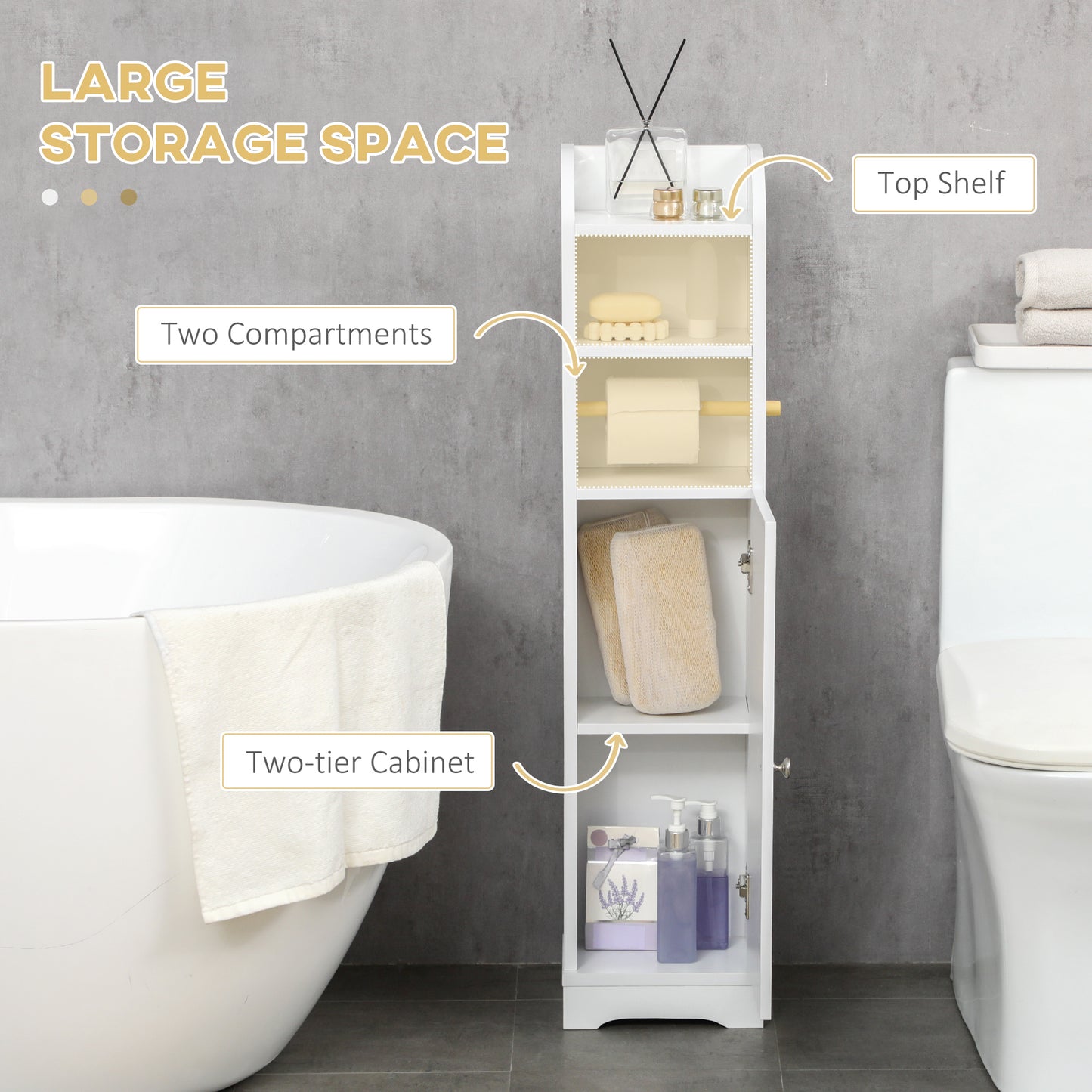 kleankin Slim Bathroom Storage Cabinet, 2 Open Shelves & Toilet Paper Holder, Freestanding with Adjustable Shelf, 23x18x100 cm, White