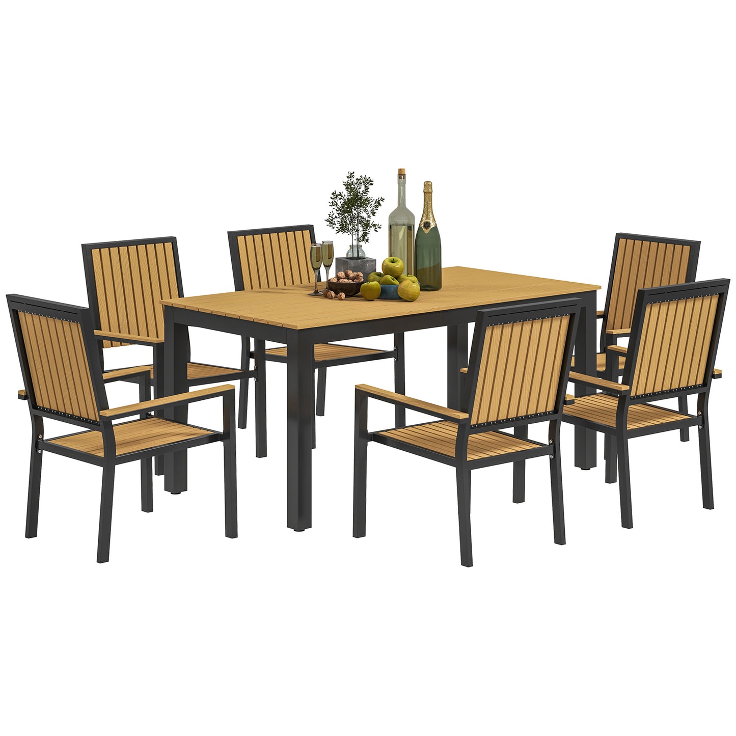 Outsunny 6 Seater Garden Dining Set, Aluminium Frame, Stackable Chairs, Rectangular Plastic Top, Nature Wood