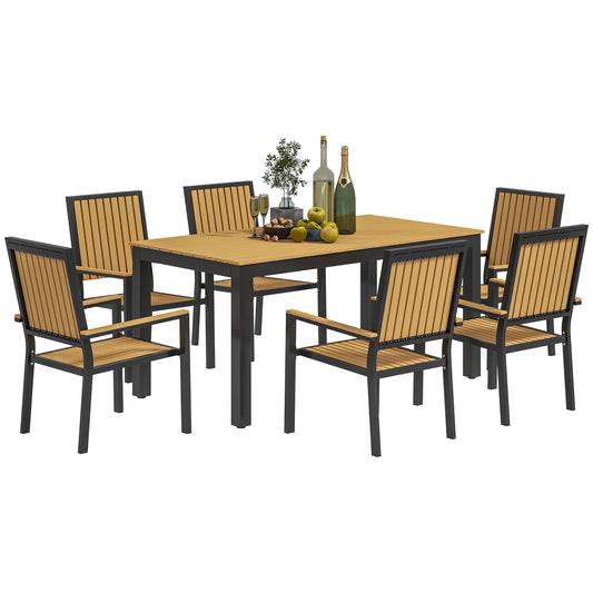 Outsunny 6 Seater Garden Dining Set, Aluminium Frame, Stackable Chairs, Rectangular Plastic Top, Nature Wood