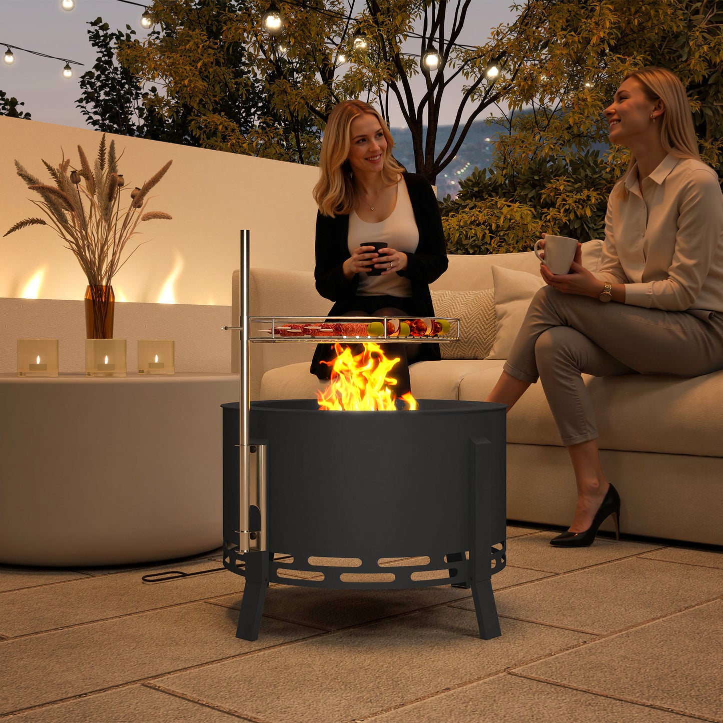 Outsunny Portable Fire Pit, 58 cm Round with Grill Grate, Ash Catcher, and Poker, Ideal for Garden Camping Bonfire Picnic, Black