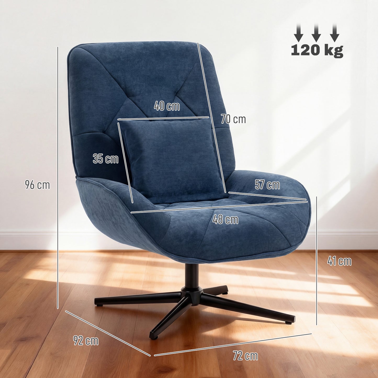 HOMCOM Accent Chair, Chenille Upholstered Swivel Armchair with Lumbar Pillow, High Back, Deep Seat and Metal Legs, Dark Blue