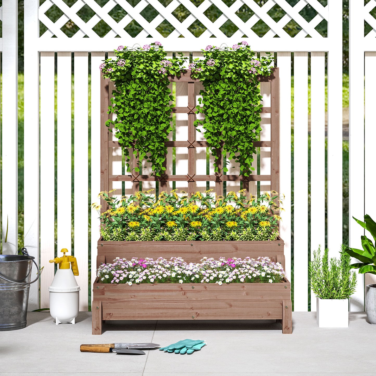 Outsunny 2-Tier Raised Garden Bed with Trellis, Wooden Elevated Planter Box with Drainage for Plants, Fruits, Vegetables, Flowers, Brown