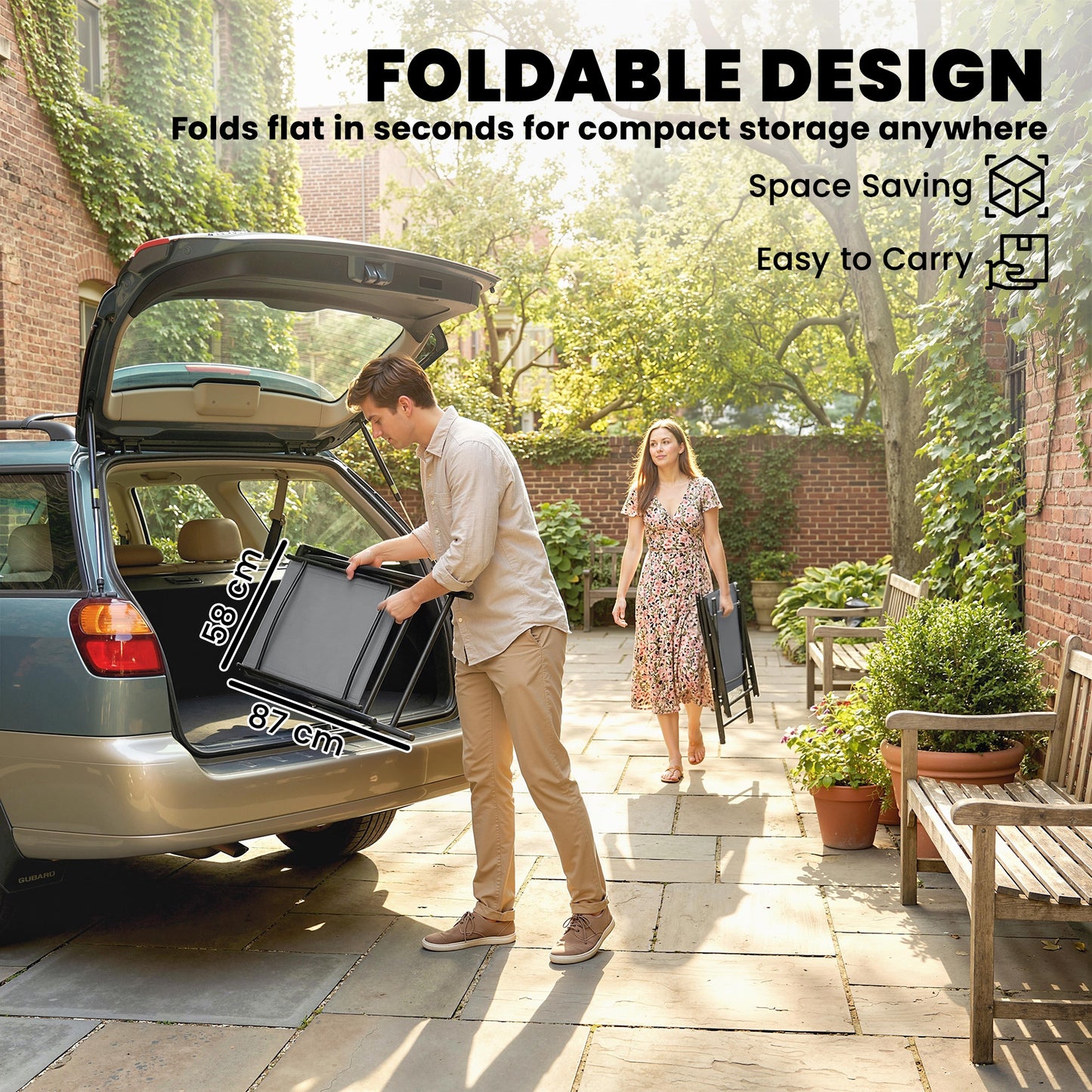 Outsunny Folding Garden Chairs Set of 4, Foldable Garden Dining Chairs with High Back, Armrests, Texteline Seat, Light Grey