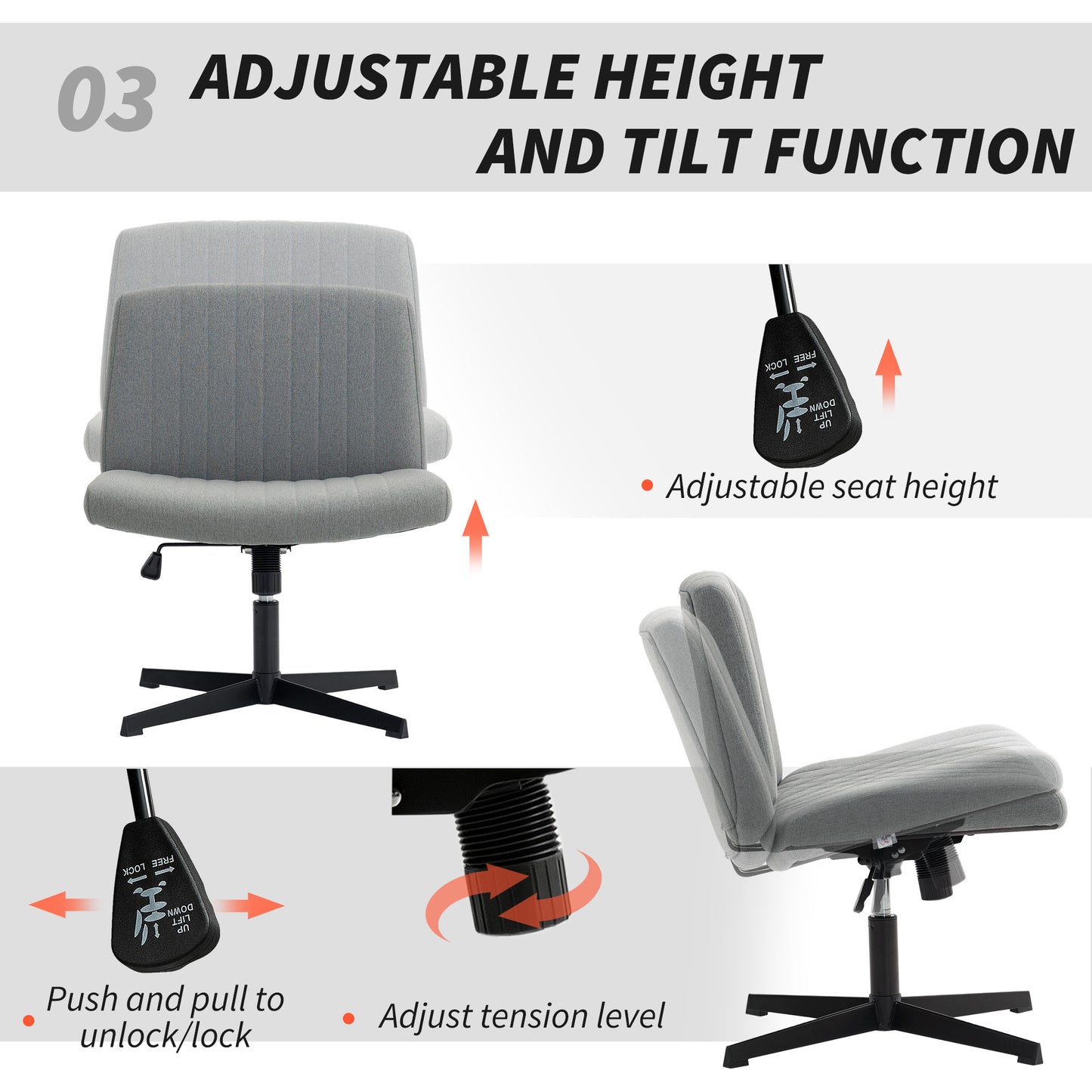 HOMCOM Armless Office Chair, Criss Cross Legs, Wide Seat, Adjustable Swivel, Thick Padding, Tilt Function for Home Office, Grey