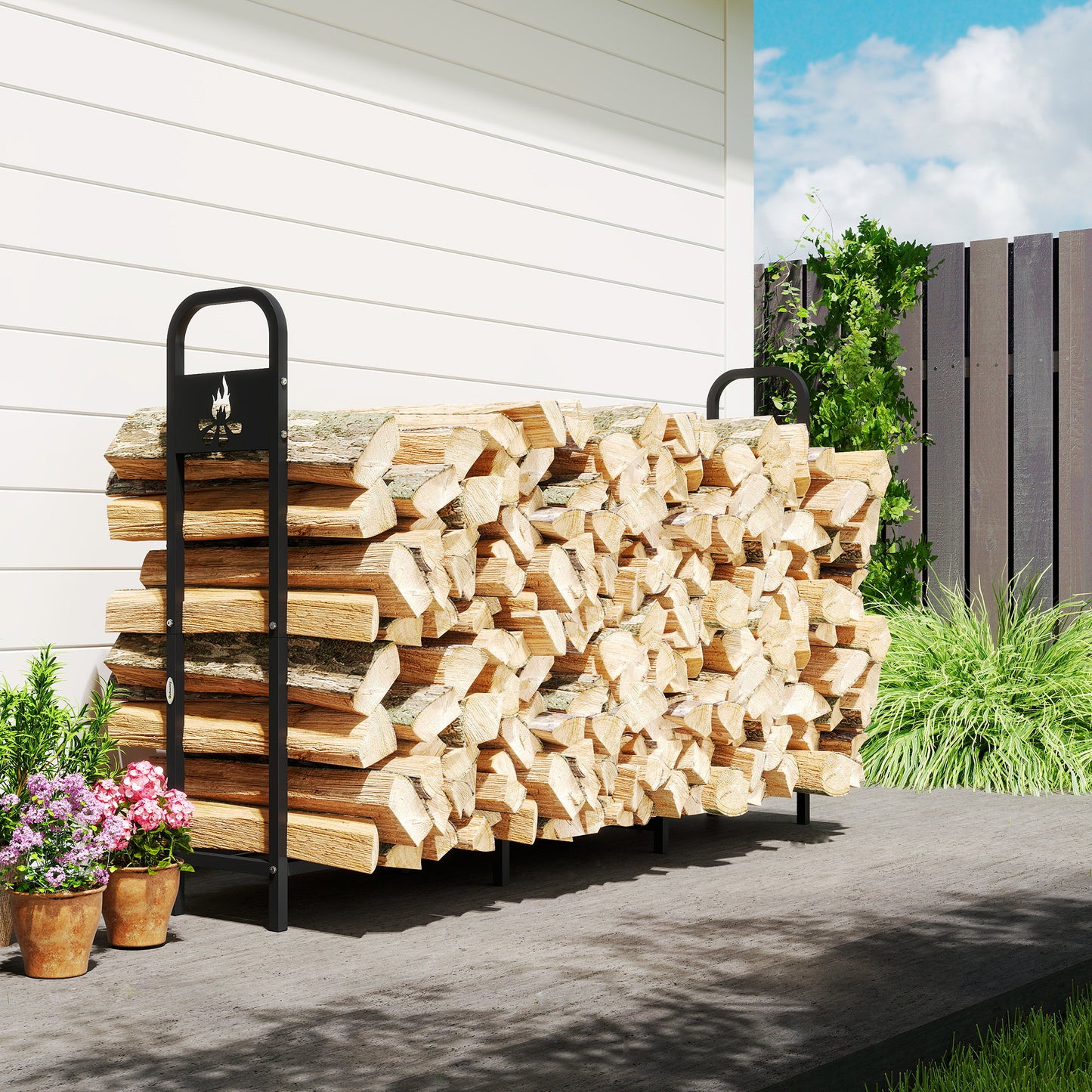 Outsunny Steel Firewood Log Rack, 300kg Capacity, Indoor/Outdoor Wood Storage Shelf, Log Holder with Extra Support Legs, Bonfire Pattern, Black