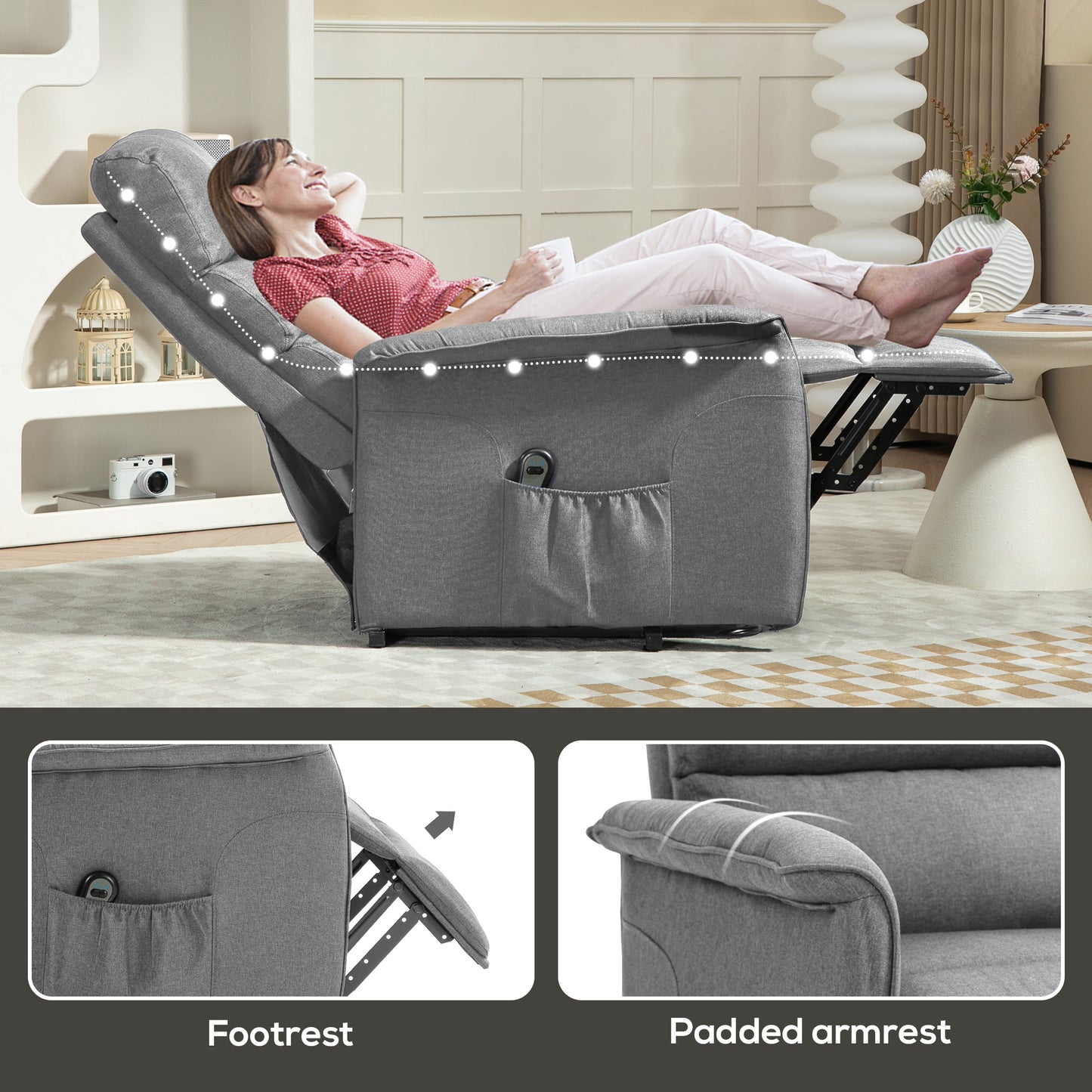 HOMCOM Electric Power Lift Recliner Chair, Fabric, Remote, Side Pockets, Grey