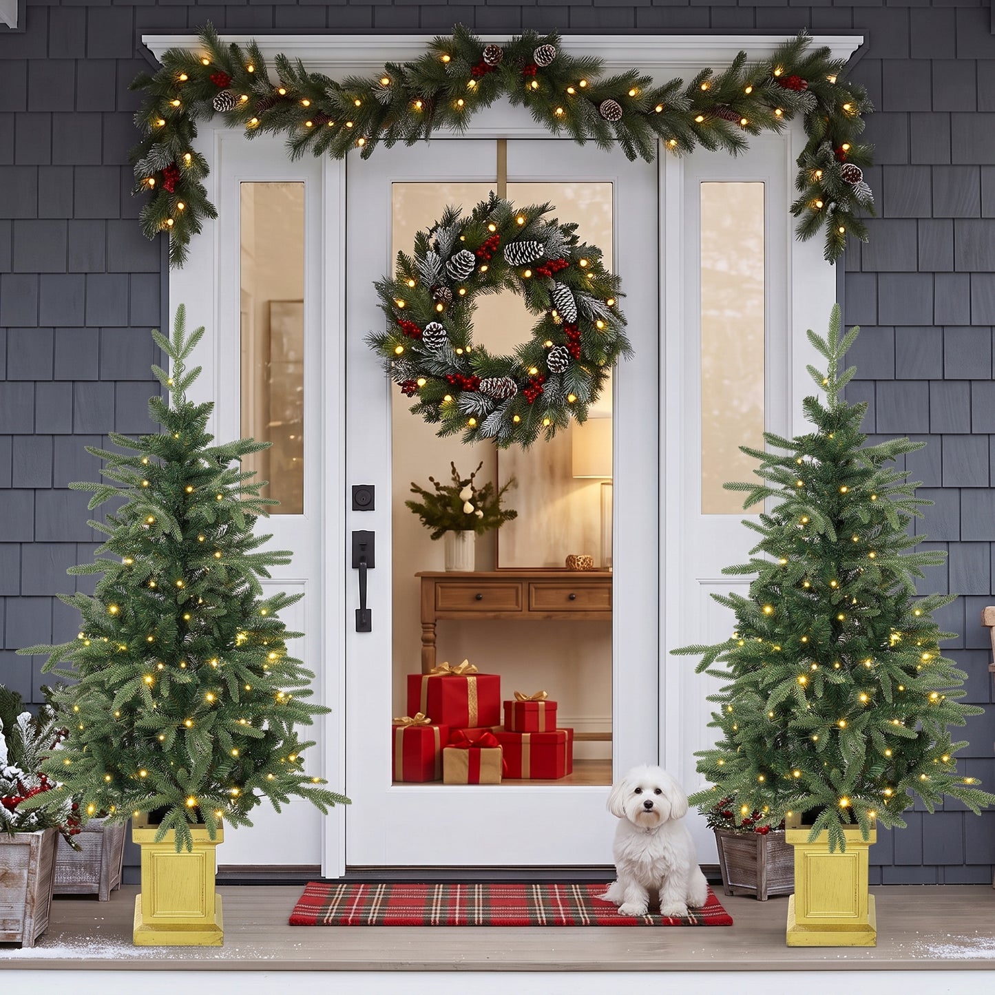 HOMCOM Set of 2 Prelit Christmas Trees with Dual-Colour LEDs, Remote, 4ft Artificial Aspen Fir Battery-Operated, 11 Modes, Pot