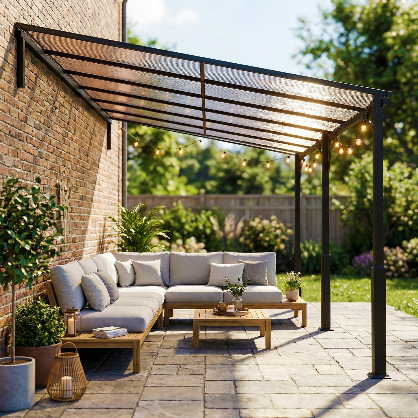 Outsunny 4 x 3 m Metal Lean-to Pergola, Wall-Mounted Garden Pergola and Metal-Aluminium Frame, Heavy Duty Hardtop Gazebo for Outdoor Patios, BBQ, Brown
