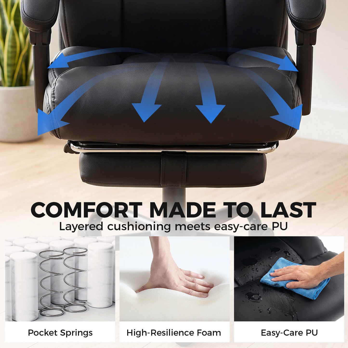 HOMCOM Executive Office Chair, 180kg Big and Tall PU Desk Chair with Linked Armrests, Black