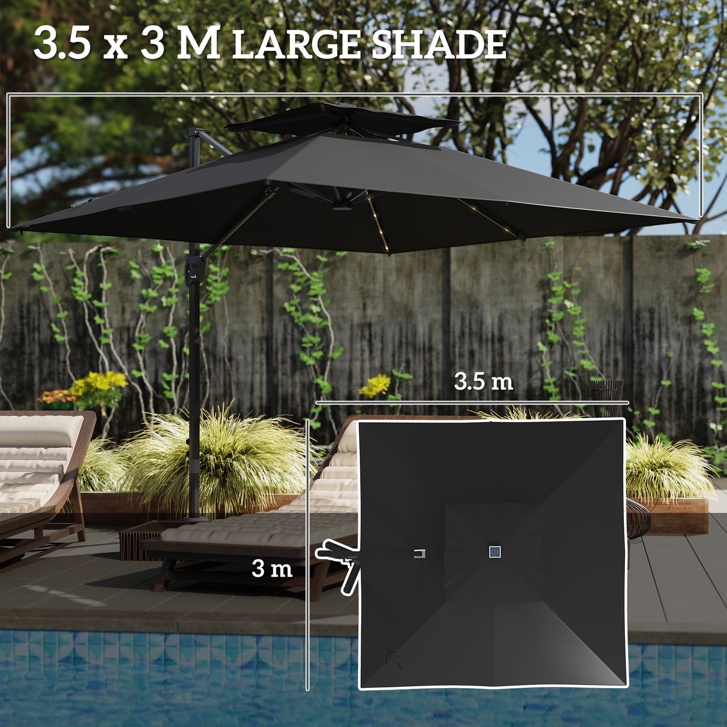 Outsunny Garden Cantilever Parasol, 3.5x3m, Solar LED Lights, UPF50+ Patio Umbrella with Cross Base, Crank Handle & Tilt, Black