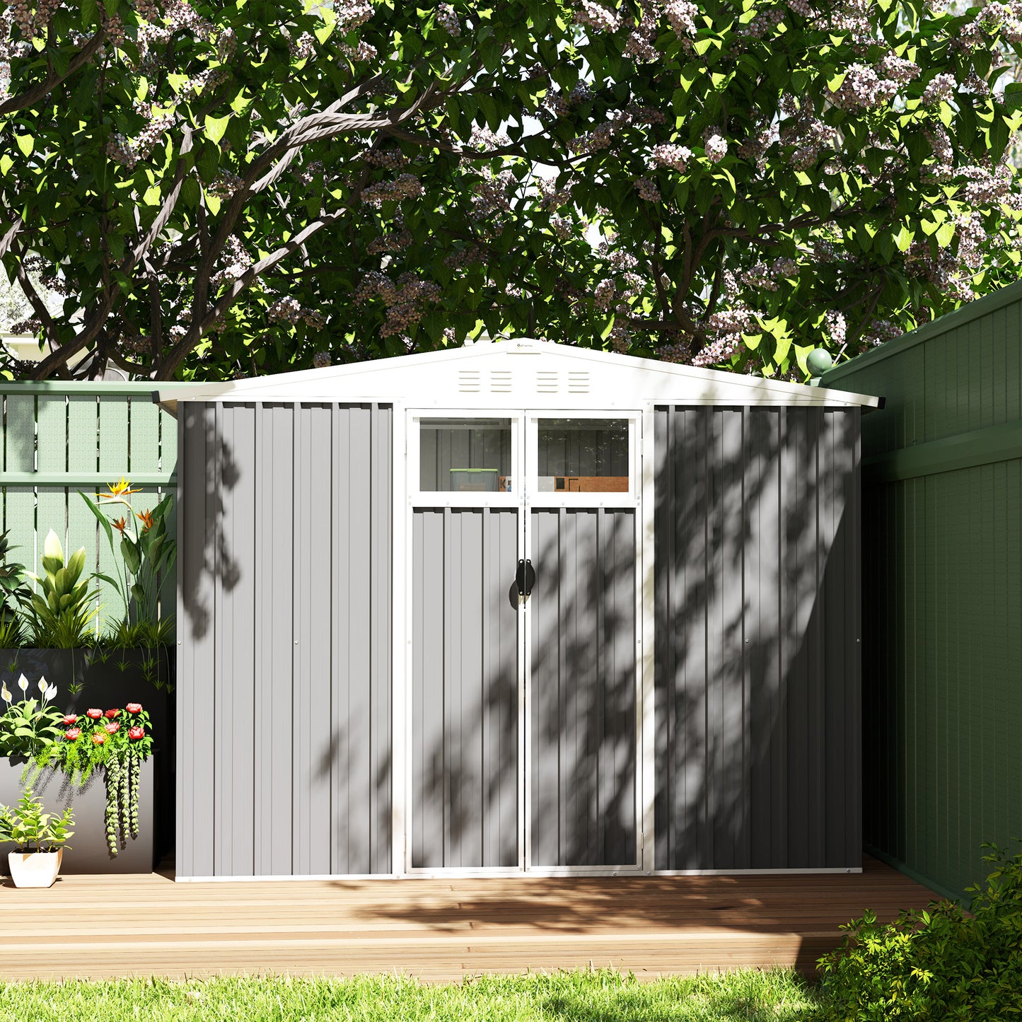 Outsunny Metal Garden Shed, 8 x 4 ft Storage Shed with Window, Vents, Lockable Door, Waterproof Steel Tool Storage, Light Grey