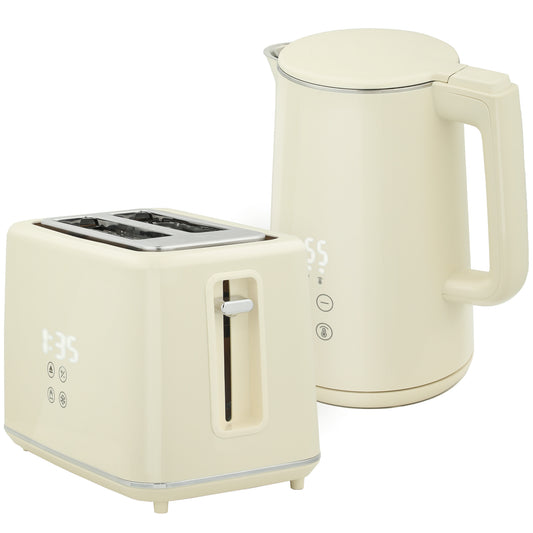 HOMCOM Digital Kettle and Toaster Set, 1.5L 3000W Kettle, 2-Slice Toaster, 7 Browning Levels, Defrost, Reheat, LED Display, Beige